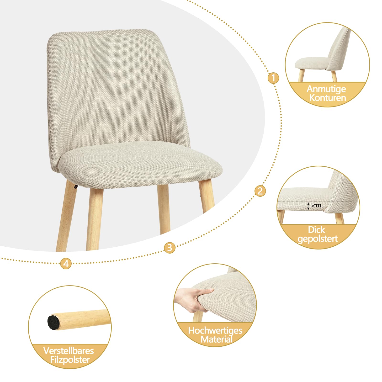 Lot de 4 Chaises de Salle à Manger Beige avec Pieds en Bois, Chaise Cuisine Rembourrée en Lin, Chaise Fauteuil pour Salle à Manger Salon Cuisine Bureau