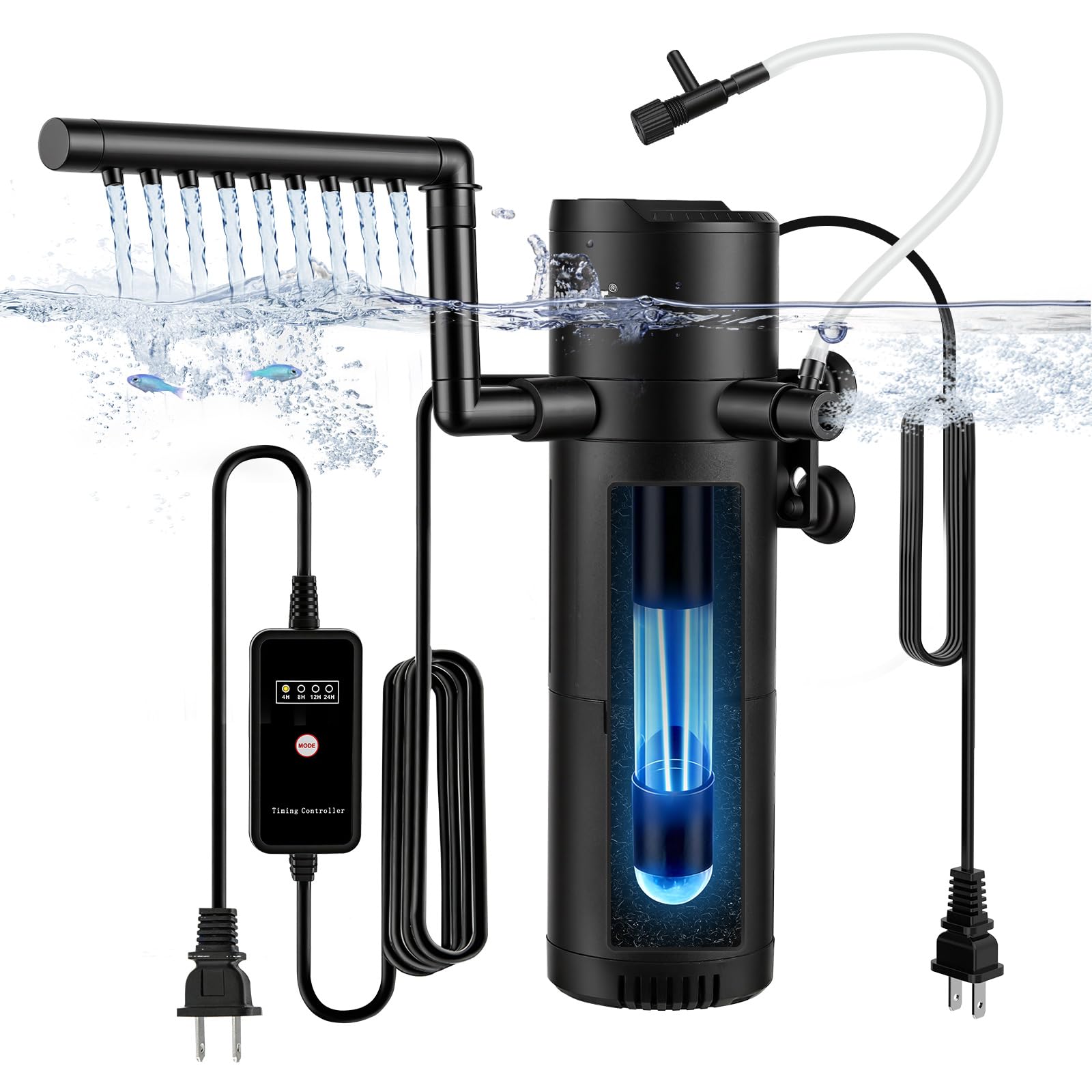 hygger Aquarium U-V Filter with Filter Sponge, U-V Light & Timer, Submersible Pump Filter for Green Water Clean, Internal Filter with Aeration & Rainfall for Fish Tank