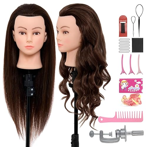 Miniatura 8 de Cabeza de maniquí de 28 pulgadas con 80 % cabello humano real, cabeza de muñeca para peinado, trenzado, rizado, cabeza de maniquí de cosmetología 60B