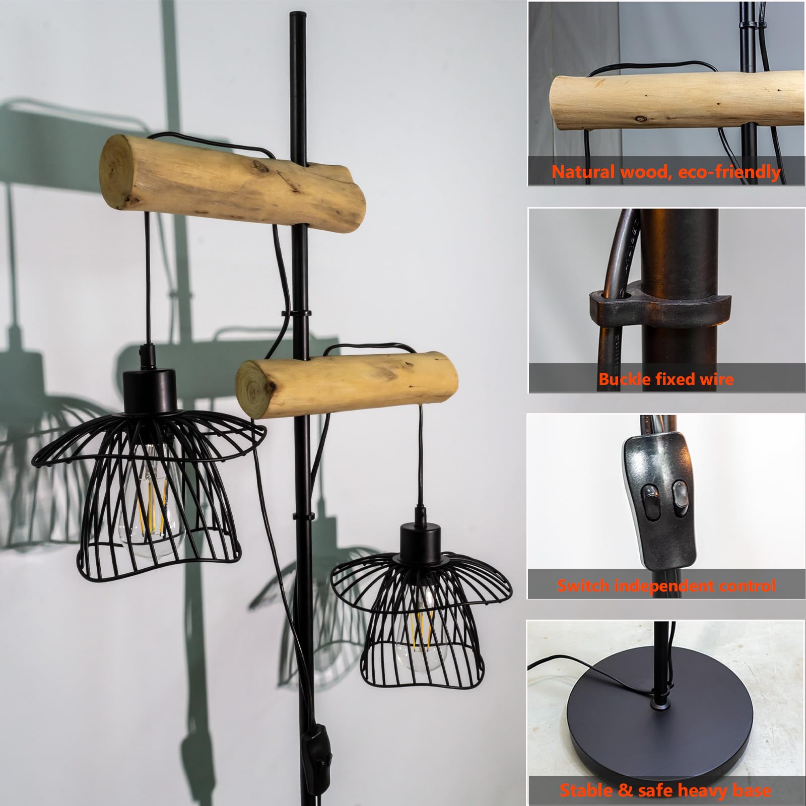 Industrielle Stehlampe, 2 Schwarz Metall-Lampenschirmen | Naturholz Vintage Standleuchte, Unabhängige Schalter, Ohne Leuchtmittel, Wohnzimmer