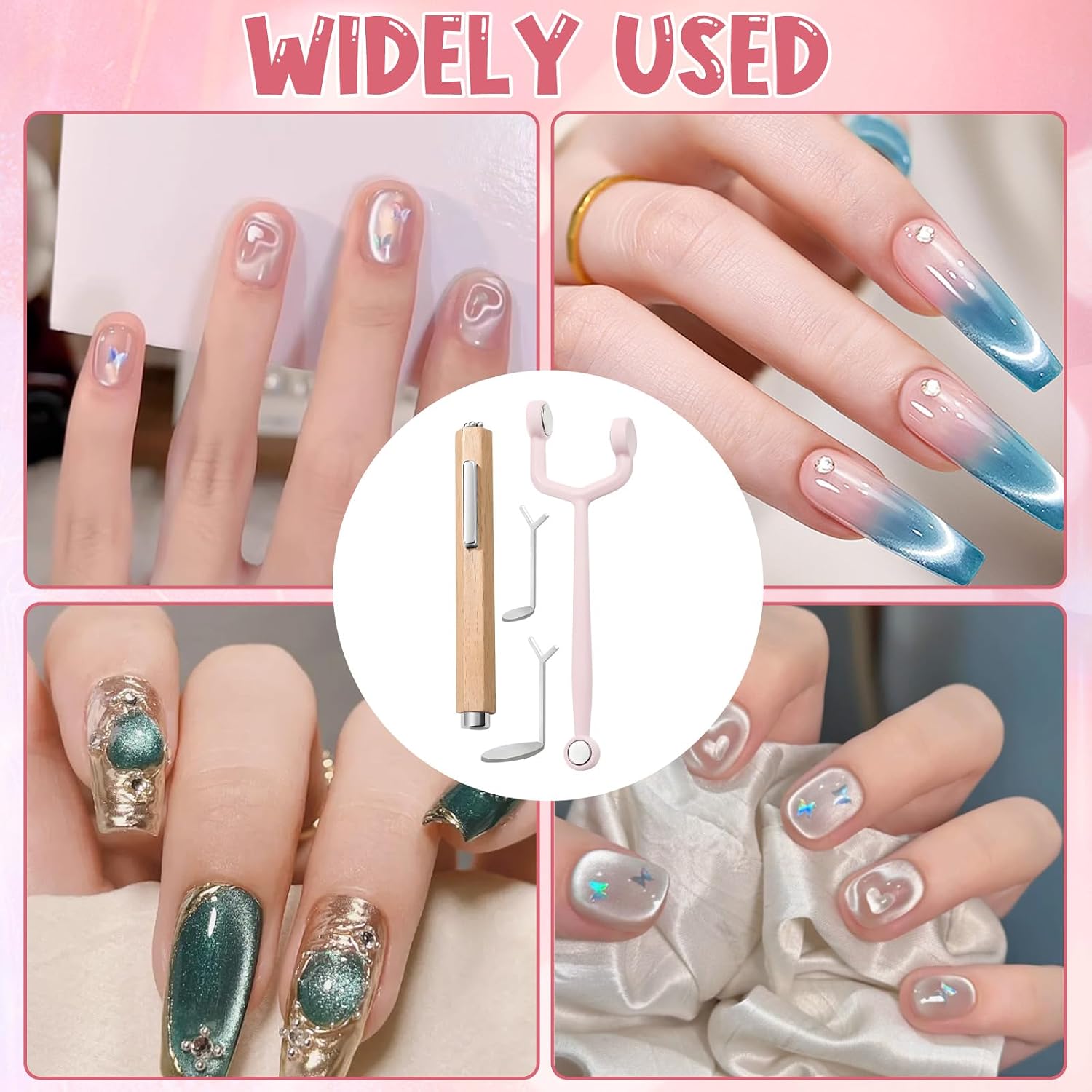 4Pcs Magnetic Tools for Cat Eye Gel Nail Polish, Professional 3 IN 1 Nail Art Tool for Creating Floral, Round, and Square Designs with Magnetic Gel Polish, Includes Y-Bar and 2Pcs Heart Guide