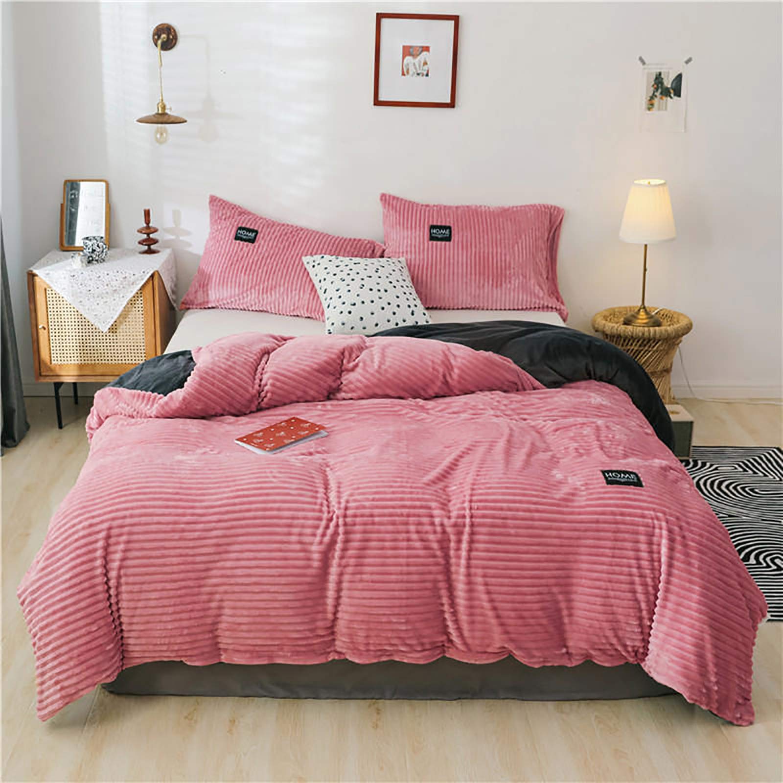 Terciopelo Franela Funda Nordica,Suave Reversible Color Sólido Fundas Nordicas,Lana Shaggy Felpa Juego De Ropa De Cama Manta Cierre con Cremallera-Rosa 180x220cm(71x87inch)