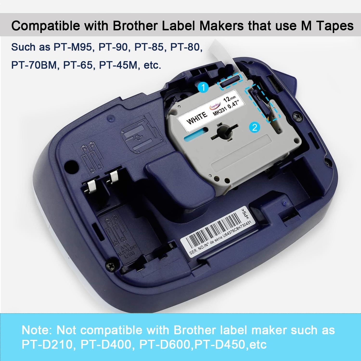 4 White+4 Clear Compatible Brother P-Touch M Tape 12mm 0.47 Inch M131 M231 Label Tape for Brother P-Touch PT-M95 PT-90 PT70 PT-65 PT85 Label Maker, Black on White/Clear, 26.2 Feet 4+4 Pack
