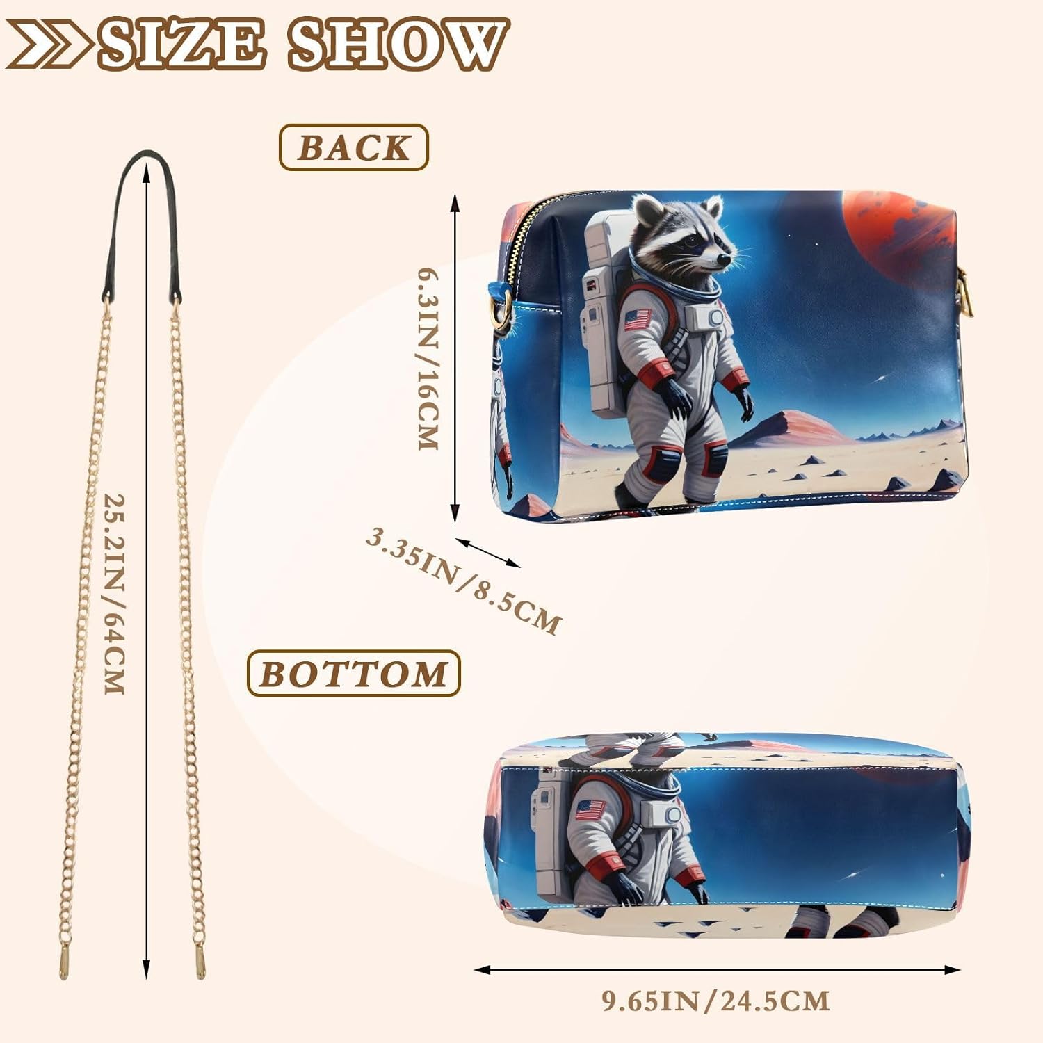 Raccoon Astronaut Women's PU Leather Crossbody Bag Shoulder Handbag Cellphone Purse with Metal Chain Strap Water Resistant Zipper Closure