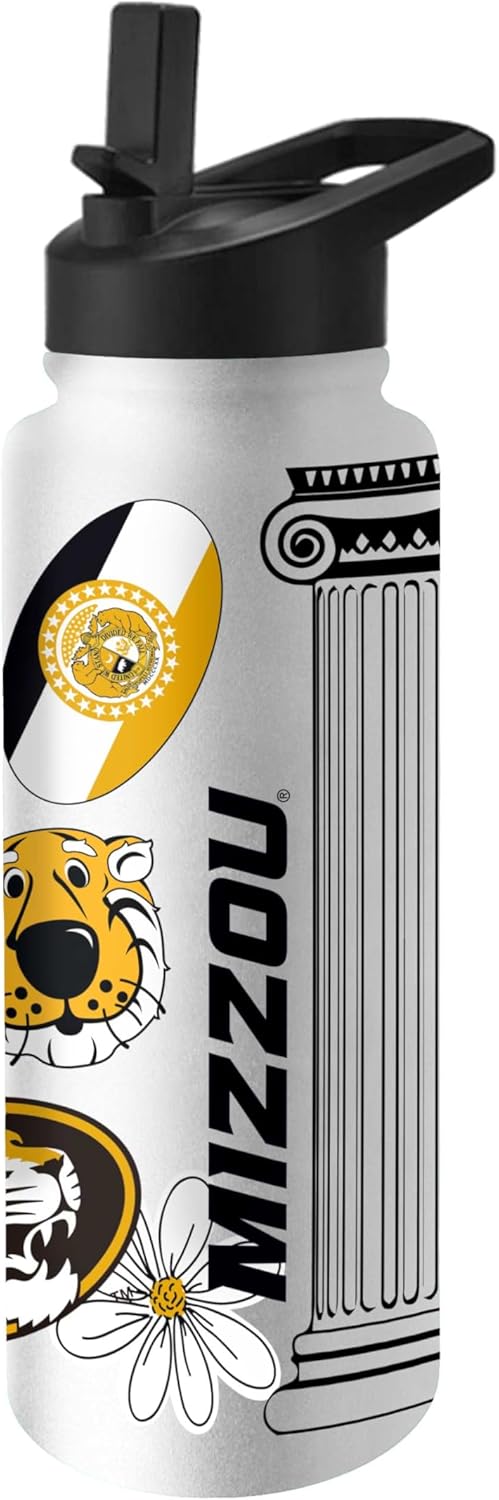 Logo Brands NCAA Missouri Tigers 34oz Native Quencher Bottle - Double-Wall Insulated, Stainless Steel, No-Spill Lid, Easy Carry Handle