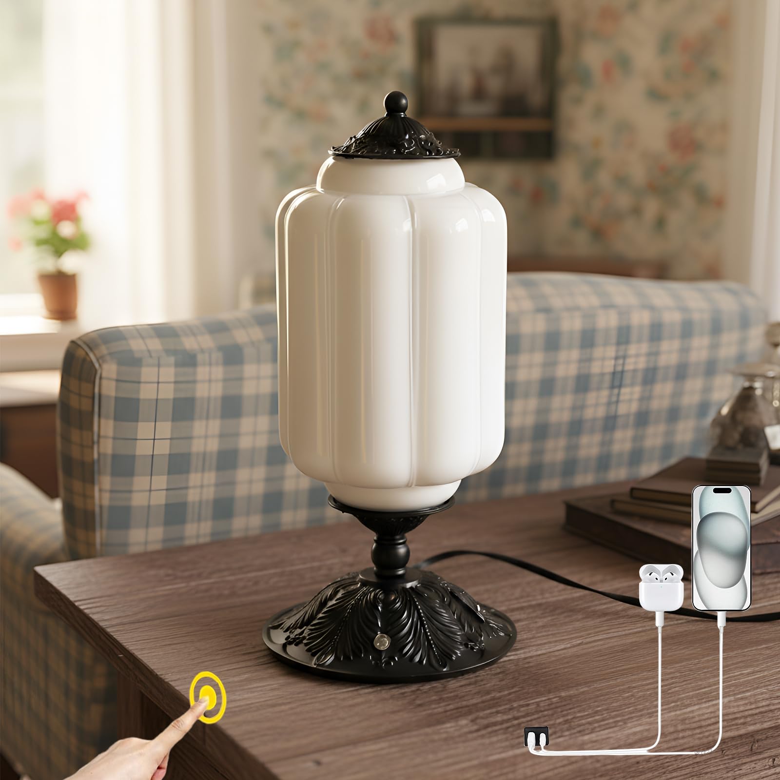Vintage Milk Glass Touch Table Lamp, Elegant white Glass Bedside