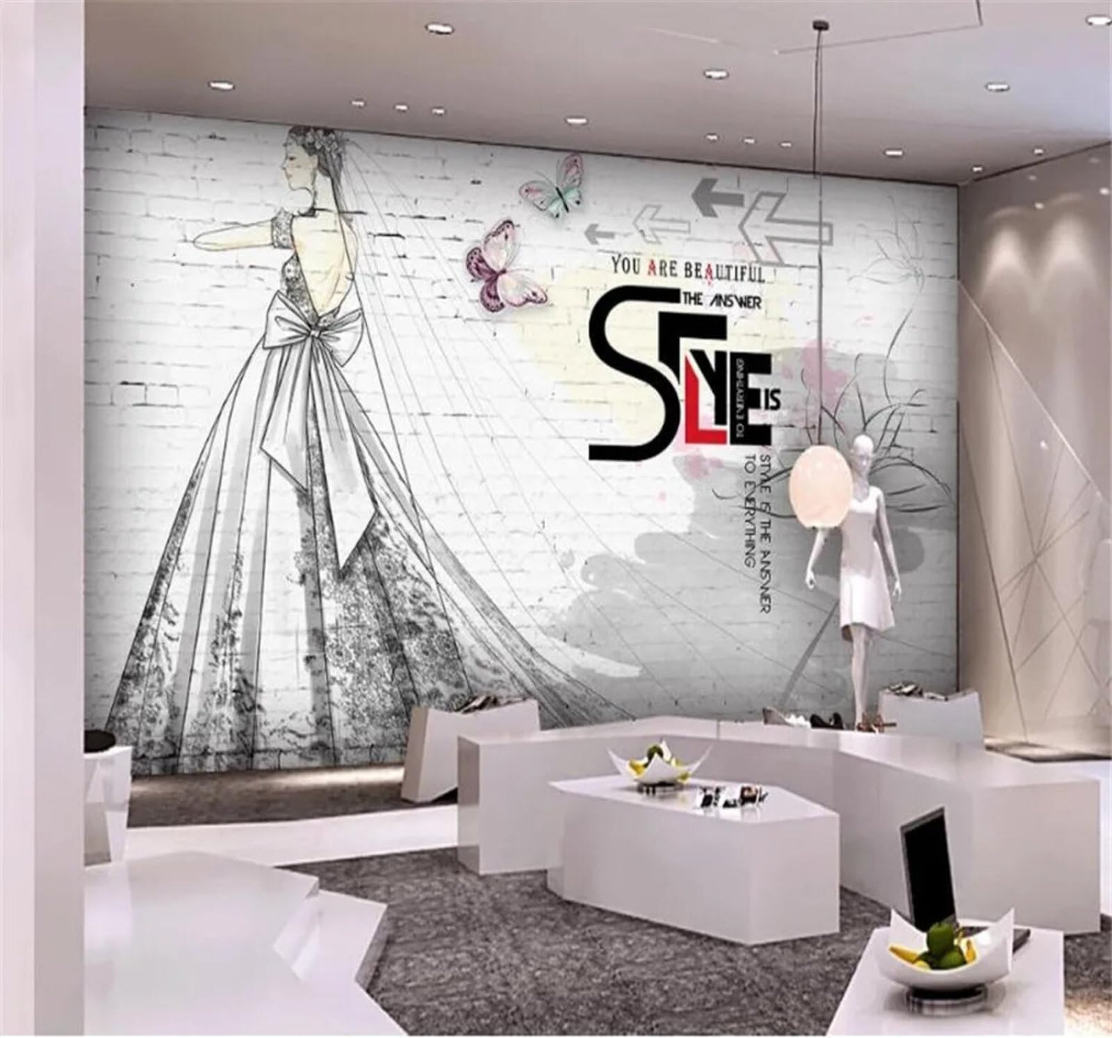 Tzxztt 350Cm×256Cm(B×H) Unique Brick Wall Hand Drawn Wedding Beauty Salon Clothing Shop Modern 3D Wallpaper Premium Textured Silk Neutral Tones Material Ideal For Living Room Bedroom-350Cm×256Cm