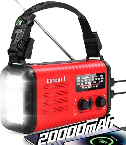 Radio de manivela de emergencia, 20000 mAh  74000 mWh, radio solar con manivela meteorológica con NOAAAMFM, radio a batería con cargador de teléfono