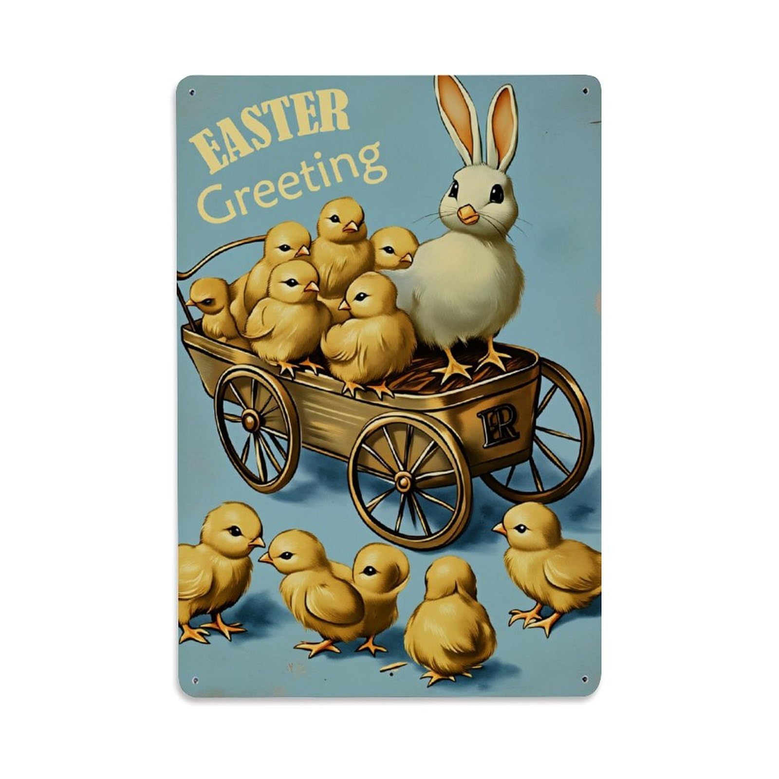 Enderetf Vintage Easter Bunny Chicks Cart Greeting Tin Sign Metal Poster, Home Bar Garage Man Cave Cafe Indoor & Outdoor Wall Decoration 8X12inches