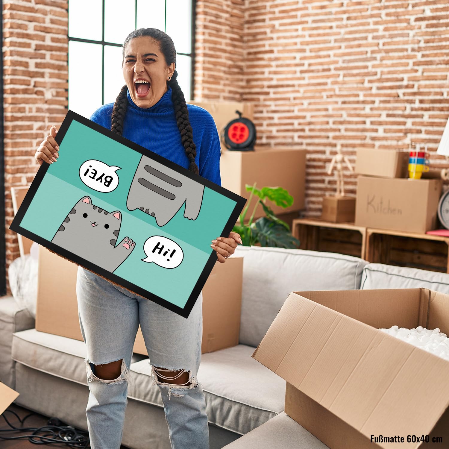 speecheese Katze Kawaii Fußmatte XXL in 50x75 cm mit Spruch Hi - Bye Neko süß Willkommen Besuch Hallo Tschüss Comic Doormat - Bezaubernde Katzenmotive für Haustür Flur Eingangsbereich