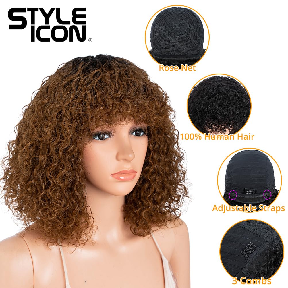 Style Icon Human Hair Afro Wigs Short Curly Wigs for Black Women Wig With Bangs (12 Inches, TT1B/30)