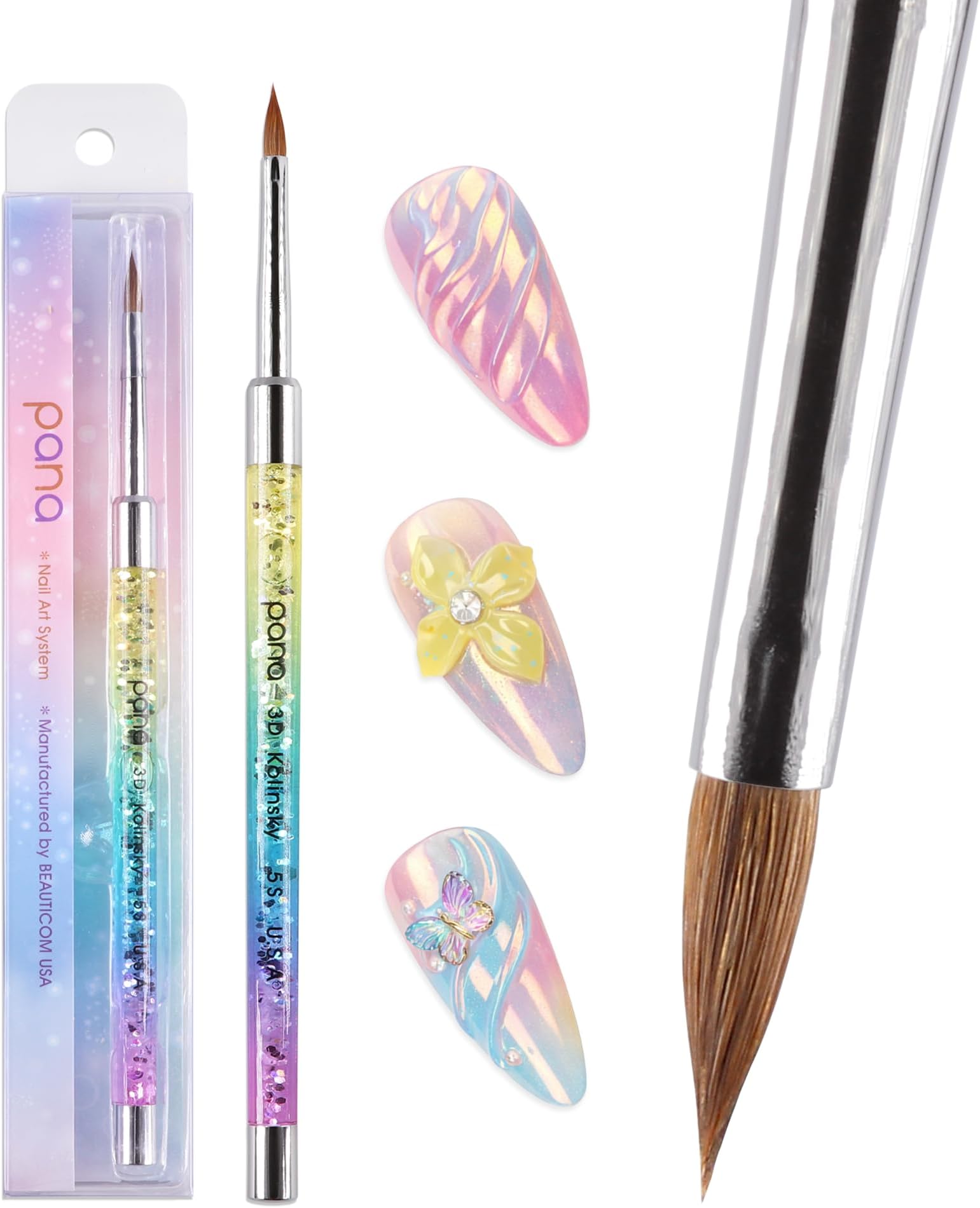 PANA Kolinsky 3D Acrylic Nail Brushes with Liquid Glitter Handle - For Professional Acrylic Powder Liquid Manicure Pedicure (Rainbow Color, Size #5)
