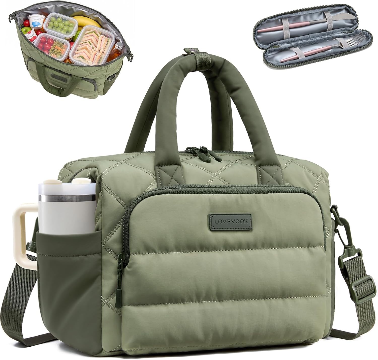 LOVEVOOK Insulated Lunch Bag Women,Puffer Lunch Cooler Box with Utensil Bag