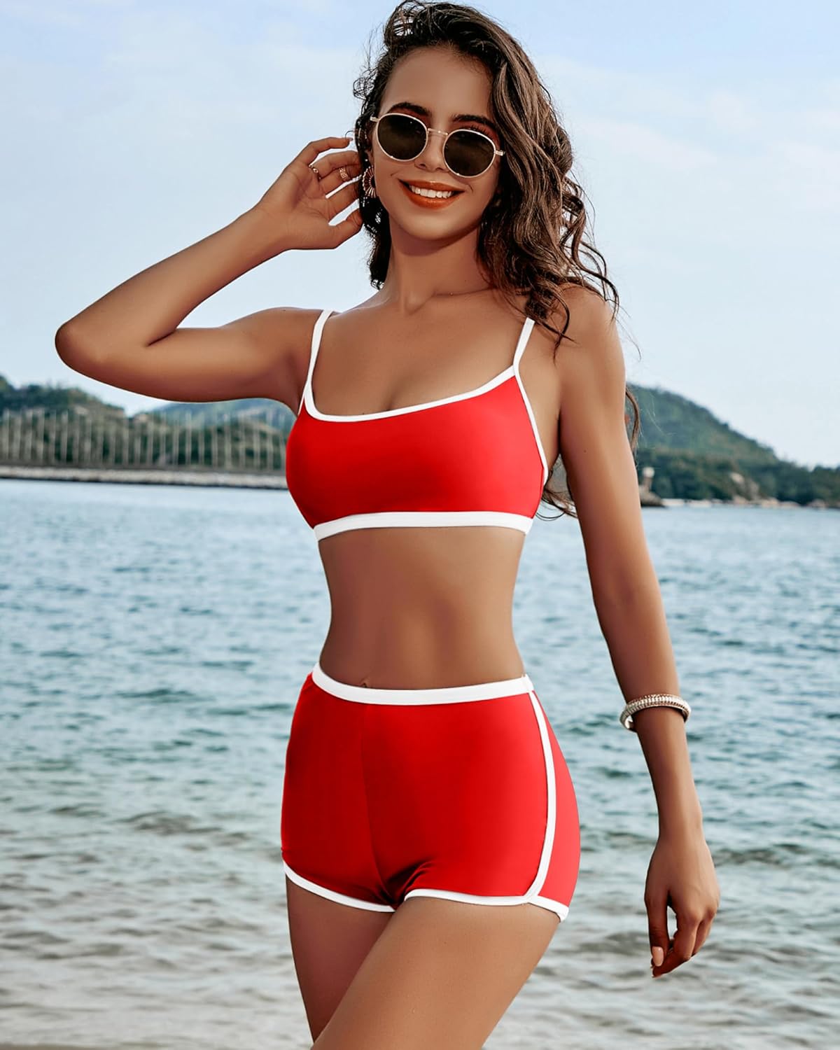 AngiMelo ハイウエストビキニセット 女性用 ツーピース 腹部コントロール 水着 控えめな水着 ショーツ スイムスーツ ティー