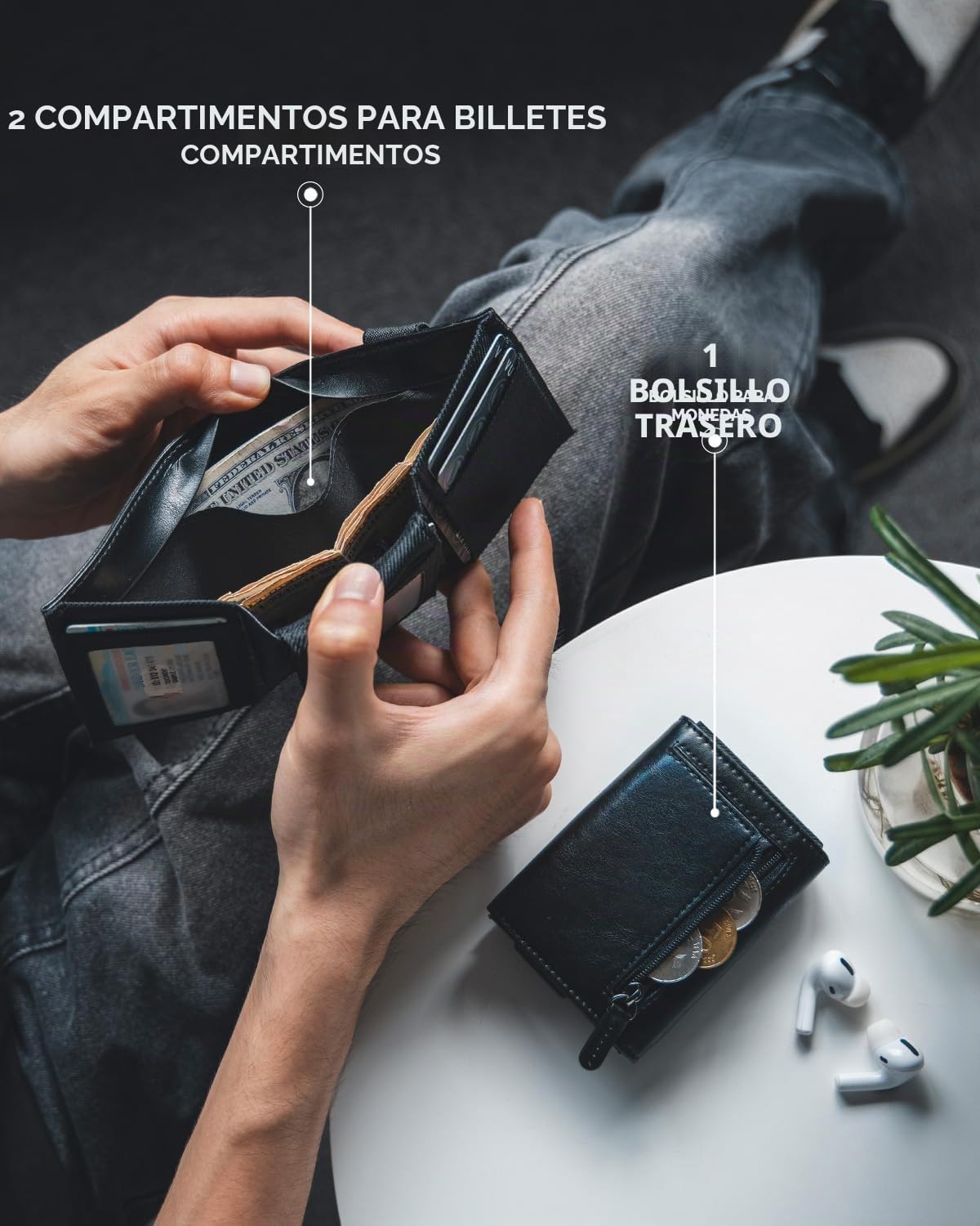 VULKIT Carteras para Hombre de Piel Minimalista Billeteras para Hombre RFID Bloqueo Porta Tarjetas y Billetes Tríptico Tarjetero Hombres con Porta Monedas, Negro