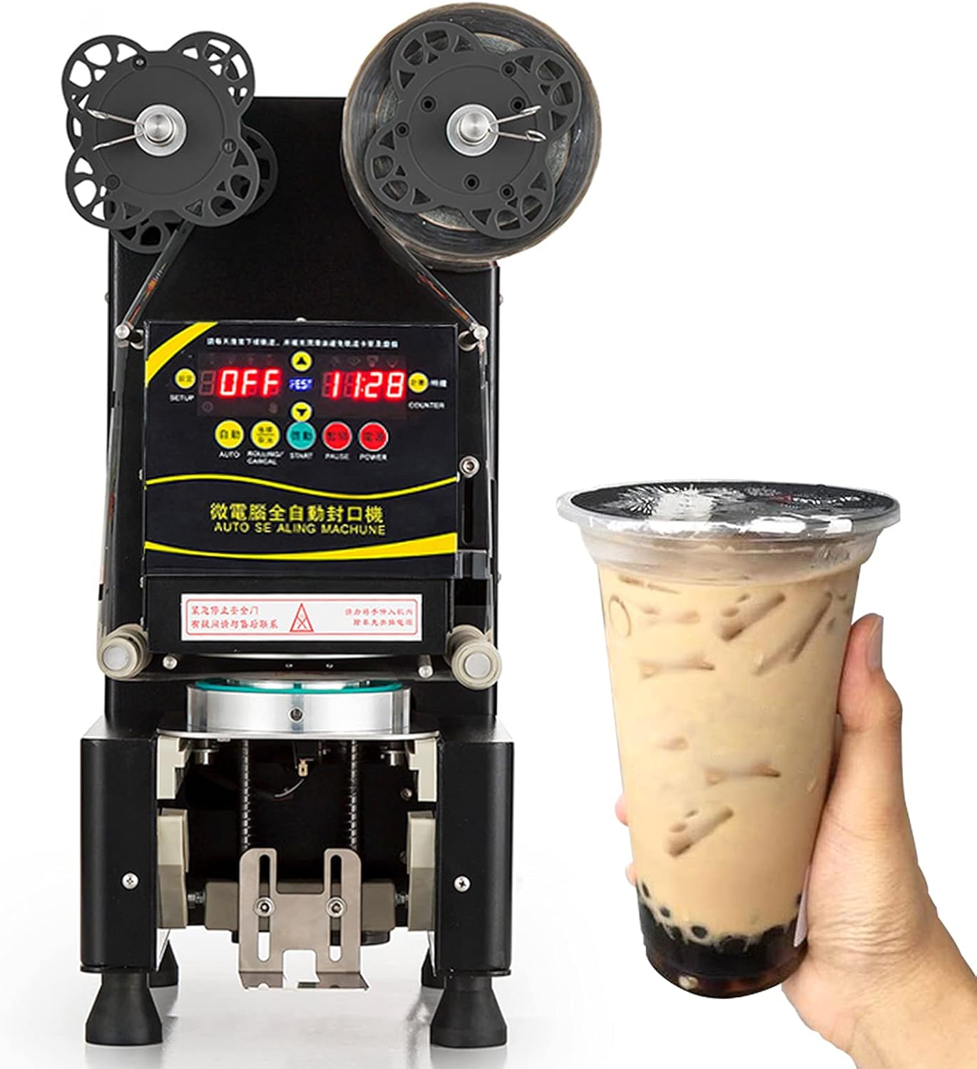 Commercial 110V Full Automatic Cup Sealer Machine for 90/95mm Boba Tea Cups, 400-600 cups/hour Countertop Electric Sealing Machine for Bubble Milk Tea, Coffee, Soyabean, Juicing Cup