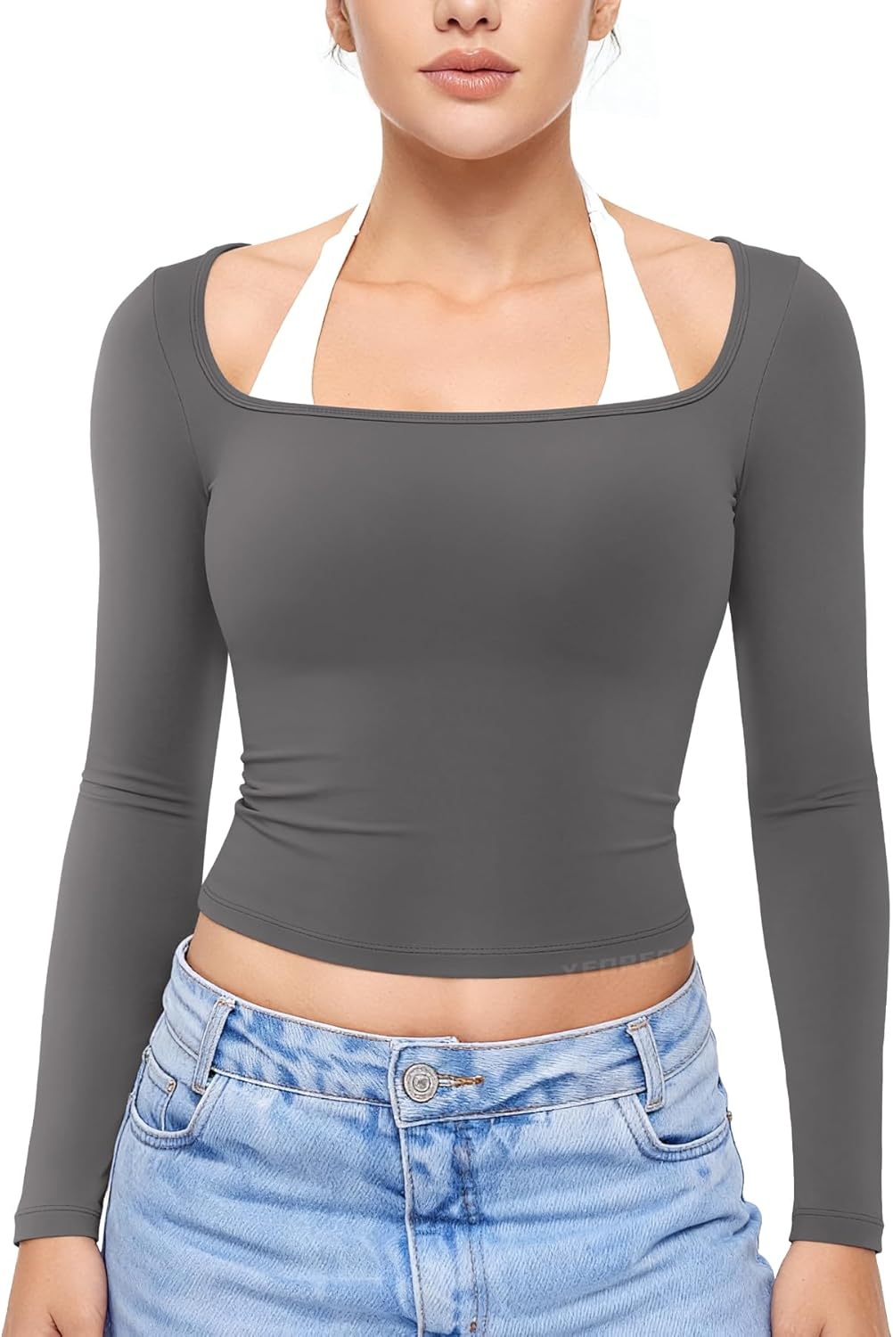 YEOREO Long Sleeve Workout Tops for Women Square Neck Slim Fitted Double Lined Compression Shirt Basic Casual Gym Yoga Tops