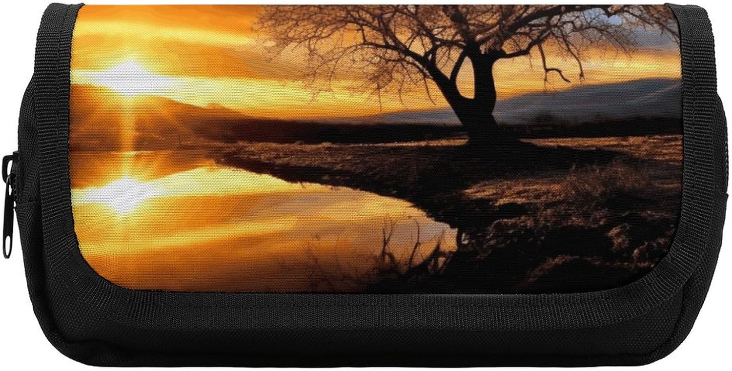 Pencil Pouch Black And White Tree at Gold Sunset Pencil Case for Men Women Cosmetic Bag Aesthetic Pen Bag for Office Multifunctional Bag Marker Pen Case