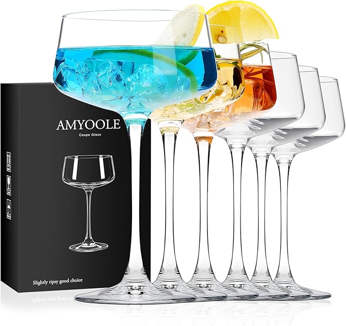 Vintage Ribbed Coupe Glasses Set of 6-11oz Clear 100% Crystal Martini Glasses Elegant Cocktail Glasses, Transparent Glassware for Champagne, Margaritas, Espresso with a Rose Ice Mold