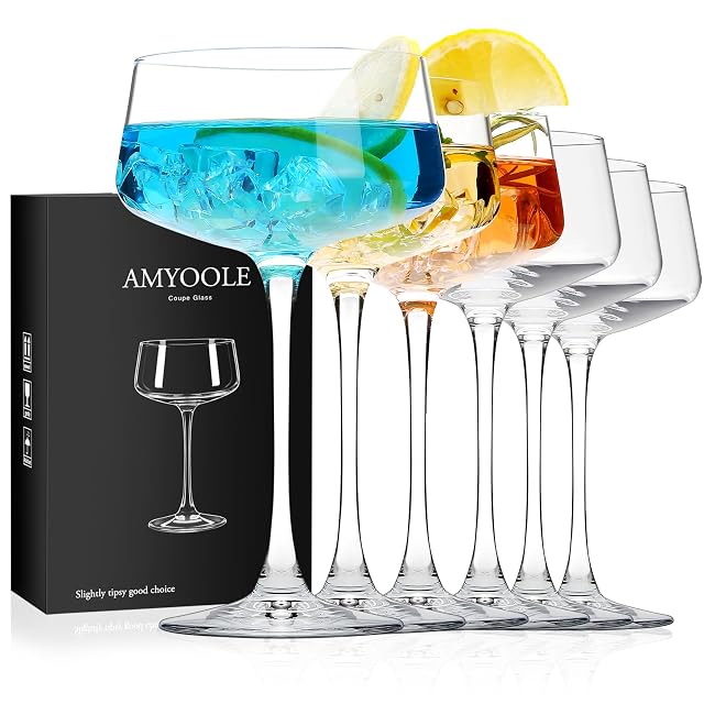 Amyoole Martini Glasses Set of 6 8 oz Premium Crystal Coupe Glasses Hand Blown Champagne Drinkware with 6
