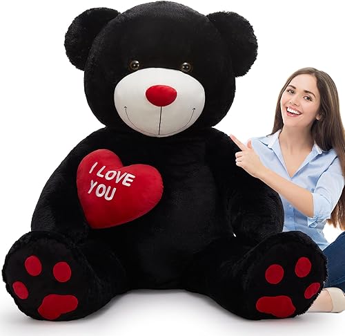 Miniatura 15 de Tezituor Oso de peluche gigante de 4.3 pies, animales de peluche grandes de 52 pulgadas con vientre blanco, regalo de San Valentín para novias