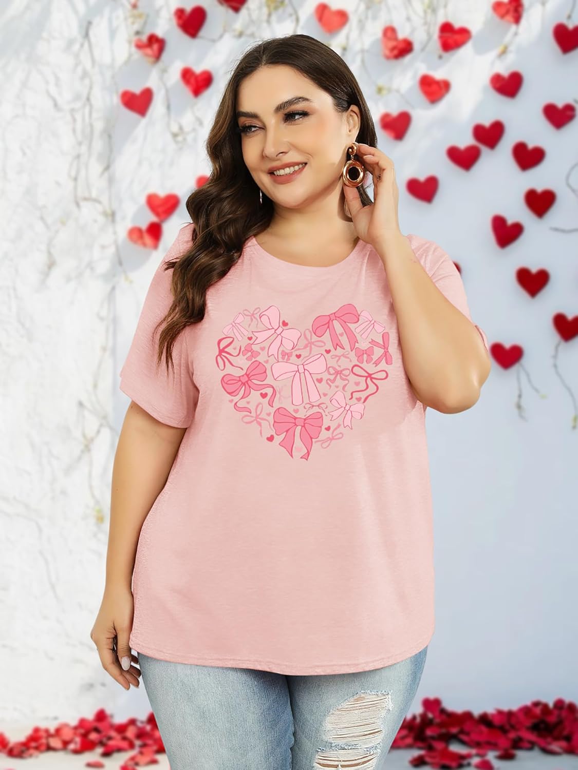 HDLTE Women's Plus Size Valentine Shirts Graphic Love Heart Tops Cute Casual Short Sleeve Tee Shirt - Image 2