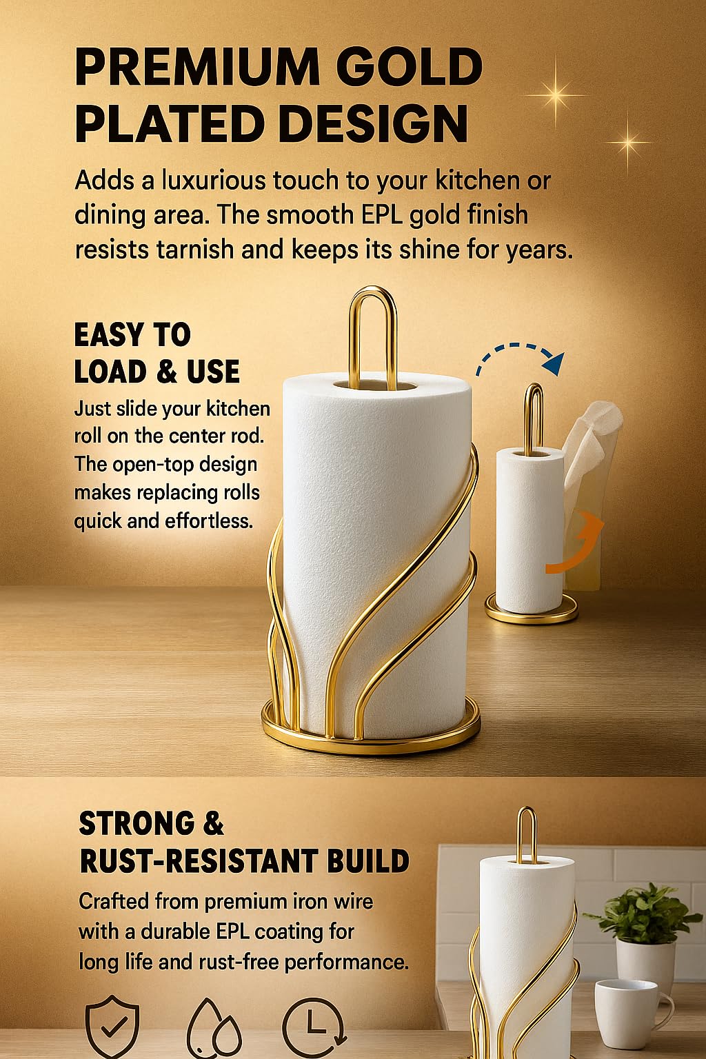 CentraLit Gold Metal Tissue Roll Holder for Kitchen | Paper Towel Holder Stand for Countertop, Dining Table & Bathroom | Premium Modern Napkin Holder for Home Décor | Rust-Free Wire Design — Amazon image 3