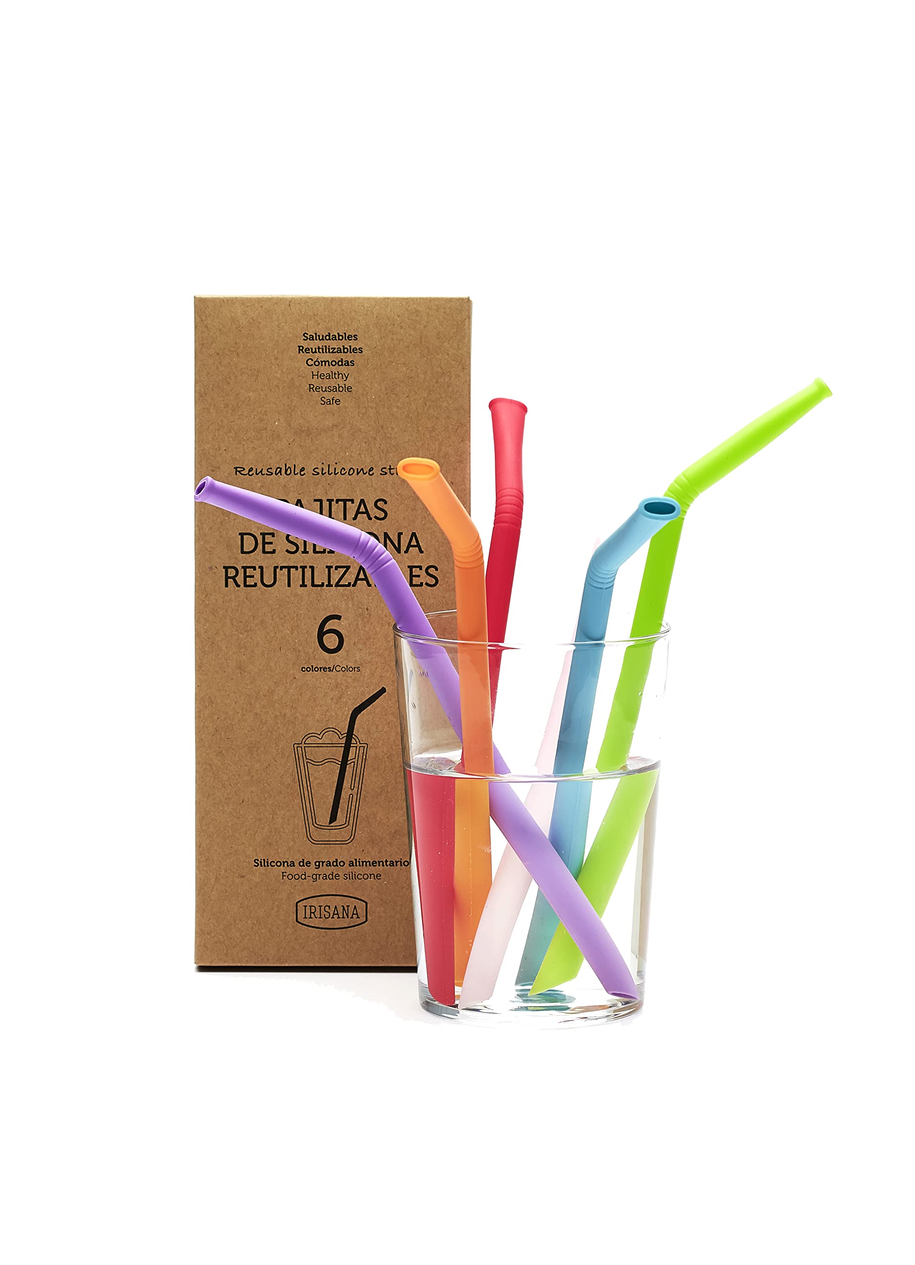 IRISANAS4400235 Reusable Straws, Multicoloured, Silicone, 21.5 cm, 6 Units, Various Materials
