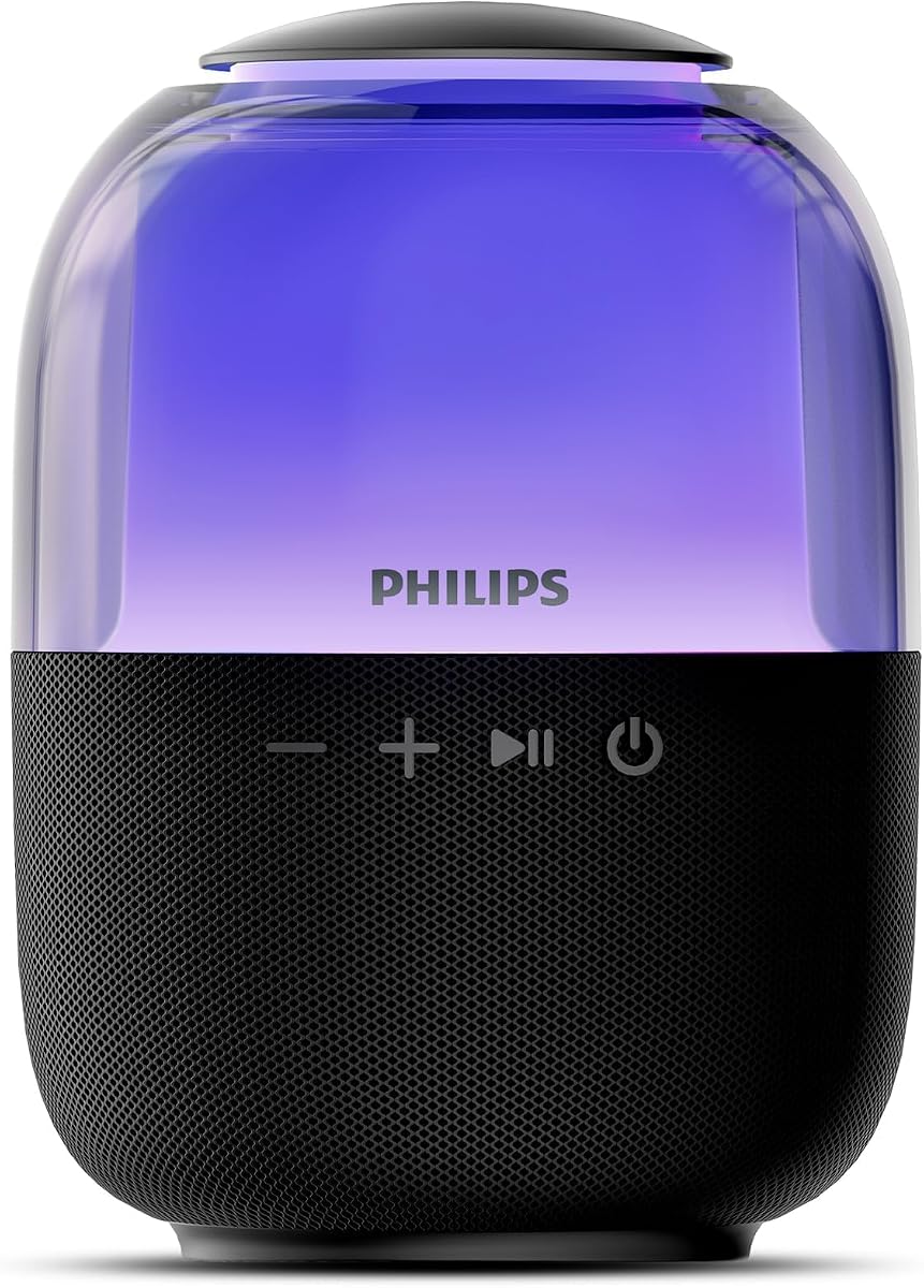 Philips S2108 Altavoz Bluetooth portátil, Altavoces inalámbricos con graves potentes, Batería de 7 H, Emparejamiento TWS, Soporte de sonido estéreo, Bluetooth 5.3 o tarjeta TF, Potencia de salida de 10 W, Modos de iluminación, Compacto, Negro