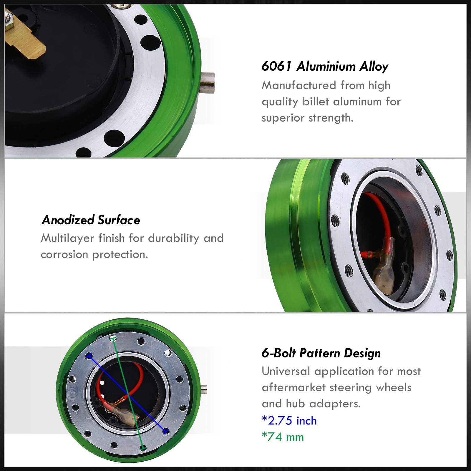 AJP Distributors Upgrade Universal JDM VIP USDM KDM DTM Euro Thin Slim Aluminum 6-Bolt Hole Quick Release Detachable Removal Disconnect Snap Off Aftermarket Steering Wheel Adapter Hub Boss Kit Green