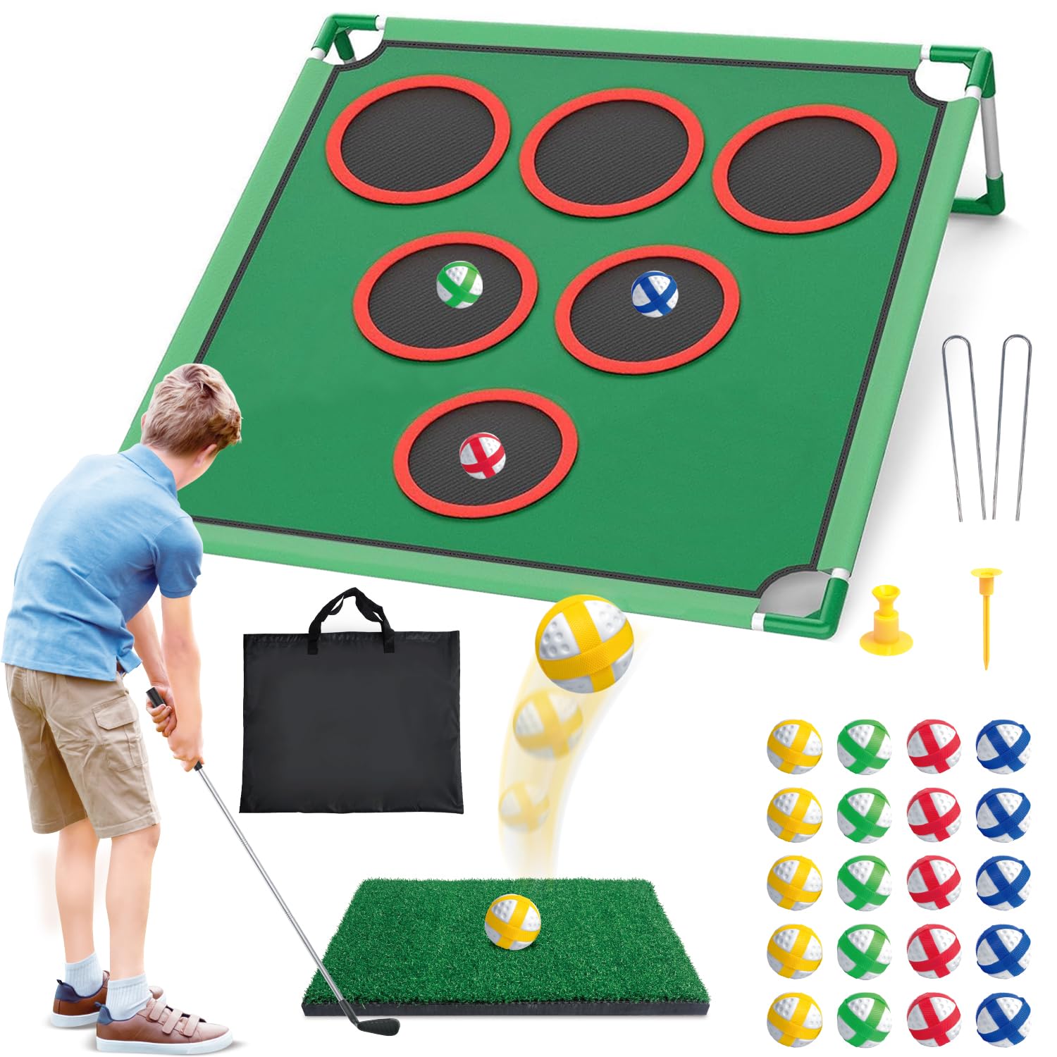Mostop Juego de juego de golf – Juego de Cornhole para patio trasero incluye alfombrilla de putt, 20 bolas adhesivas, 6 fundas de agujero, bolsa de transporte, juegos de patio de golf para adultos