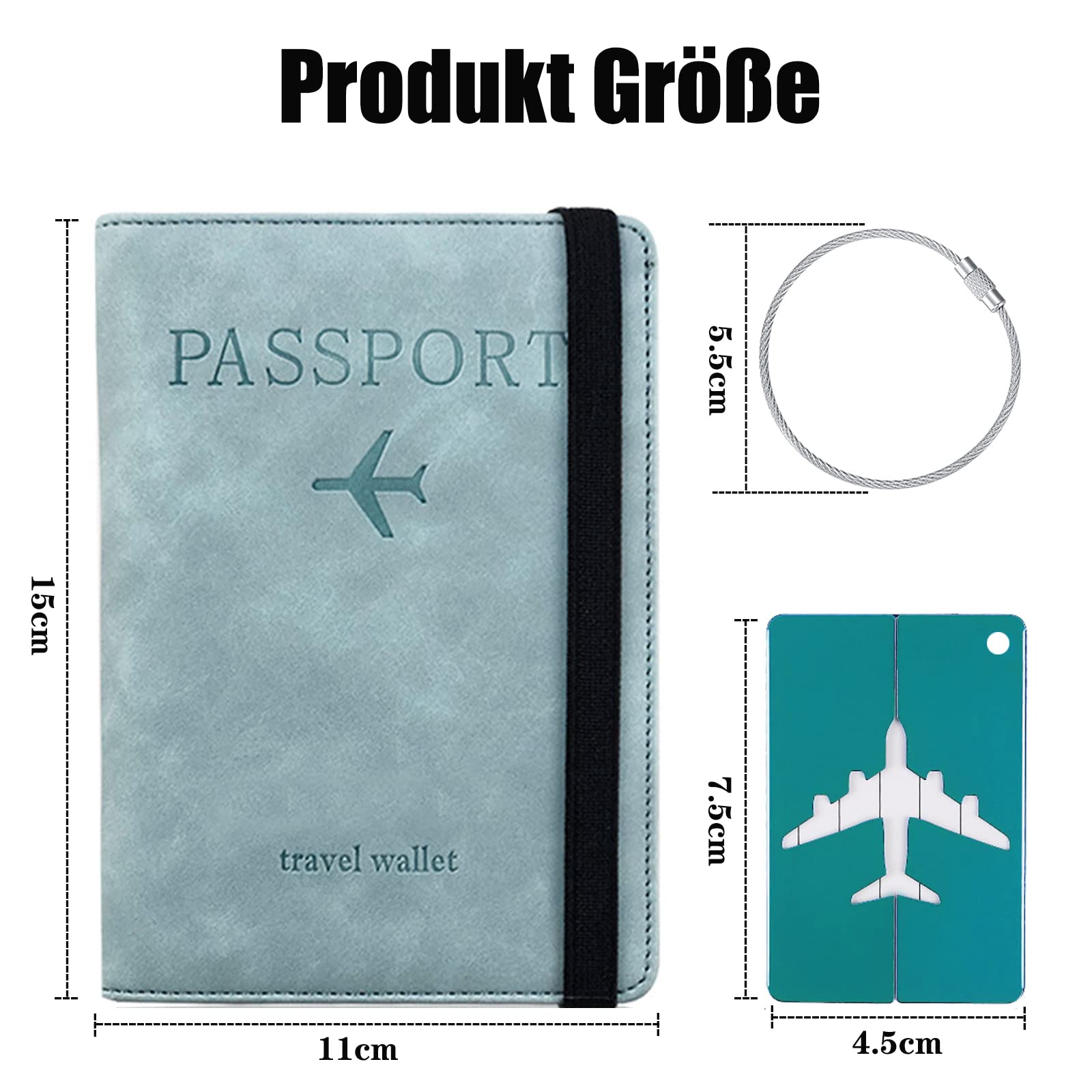 Toctax Protege Passeport avec étiquette de Bagage, Pochette Passeport avec Etui Anti RFID, Porte Passeport en Cuir PU pour Hommes et Femmes Accessoires de Voyage（Bleu Clair）