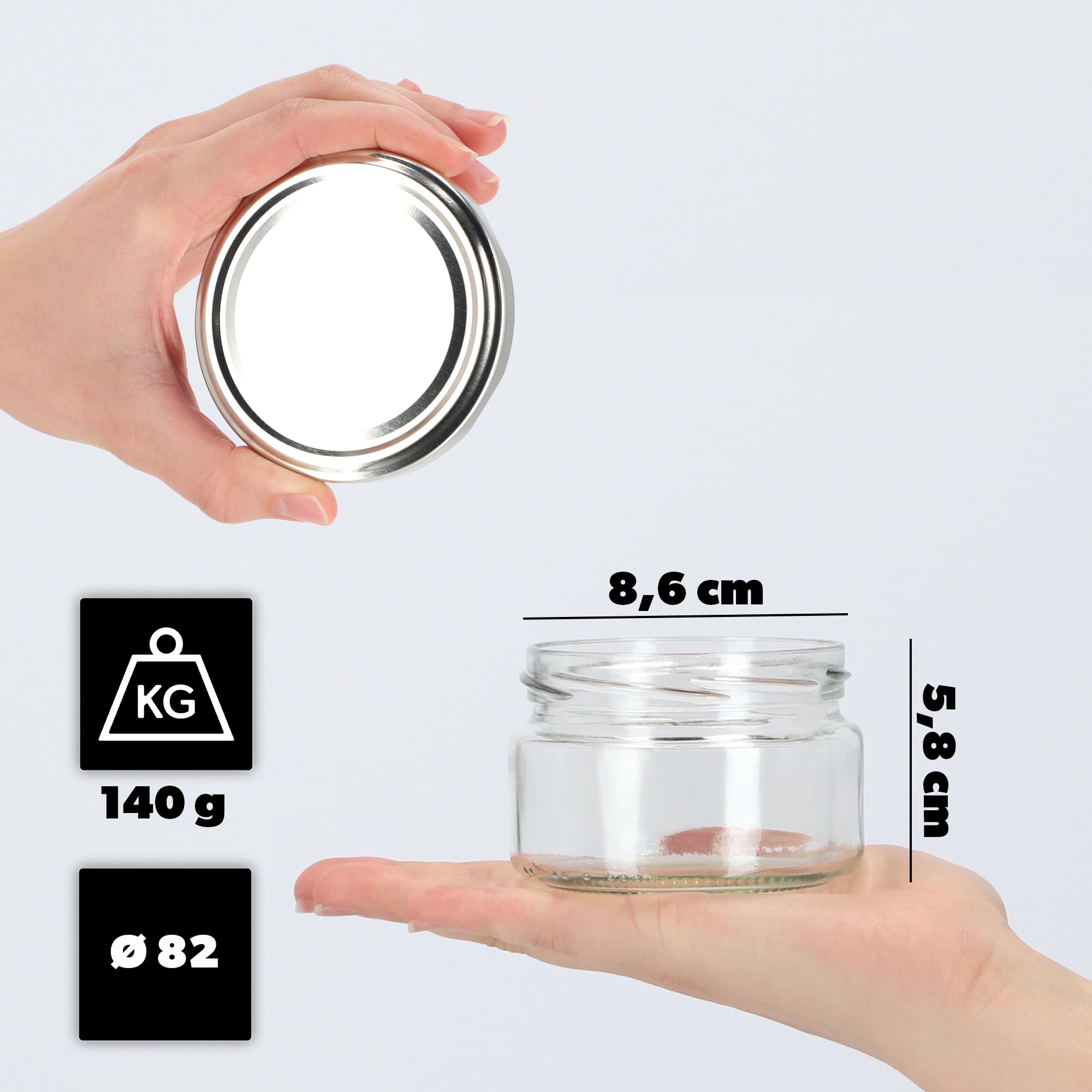 KADAX Małe słoiki na przetwory 250 ml, słoiki na dżem z pokrywką, hermetyczne słoiki na prezent, mini szklanki na miód i przyprawy (100 sztuk, srebrne)