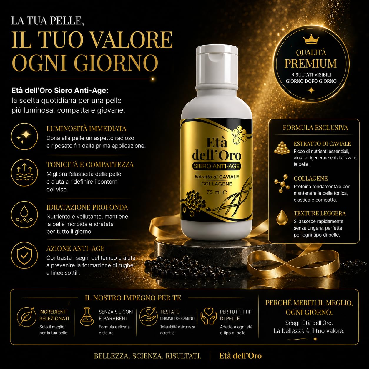 Età dell'Oro Crema Viso Antiage Oro Colloidale Caviale Collagene 225 ml | Oro colloidale, Estratto di caviale, Collagene marino, Acido ialuronico, Idratante, Rassodante, Antiage, 225 ml