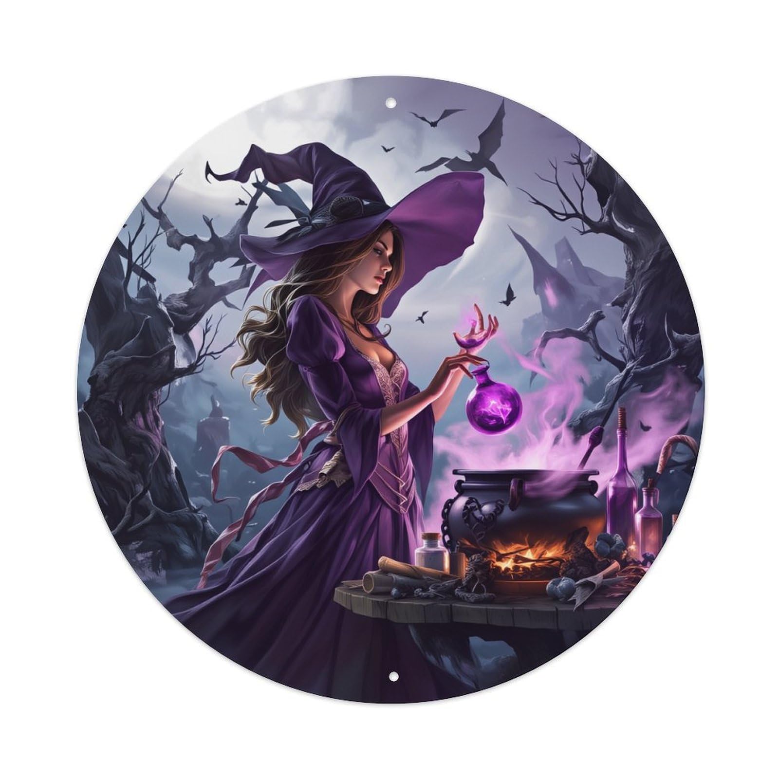 Mystic Witch Potion Cauldron Night Round Tin Sign Vintage Metal Poster, Home Bar Garage Man Cave Cafe Indoor & Outdoor Wall Decoration 8x8Inches