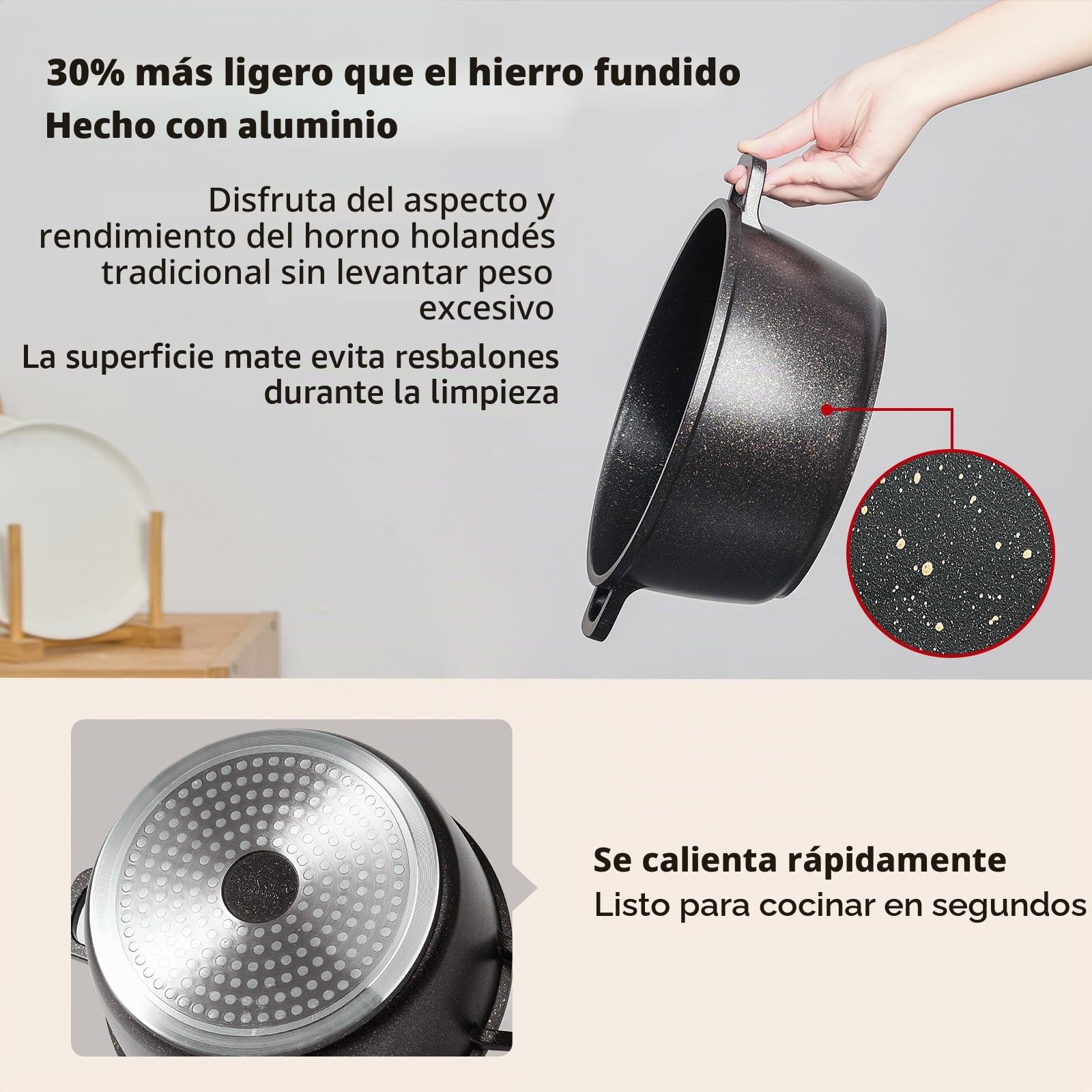 Olla de hierro fundido (24 cm), diseño redondo de aluminio fundido con revestimiento antiadherente, olla con tapa, ideal para sopa, estofados, pan, horno y gas, color negro