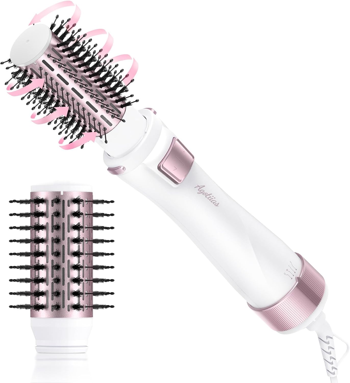 Rotating Hair Dryer Brush with 2 Detachable Brushes (2" & 1.5")