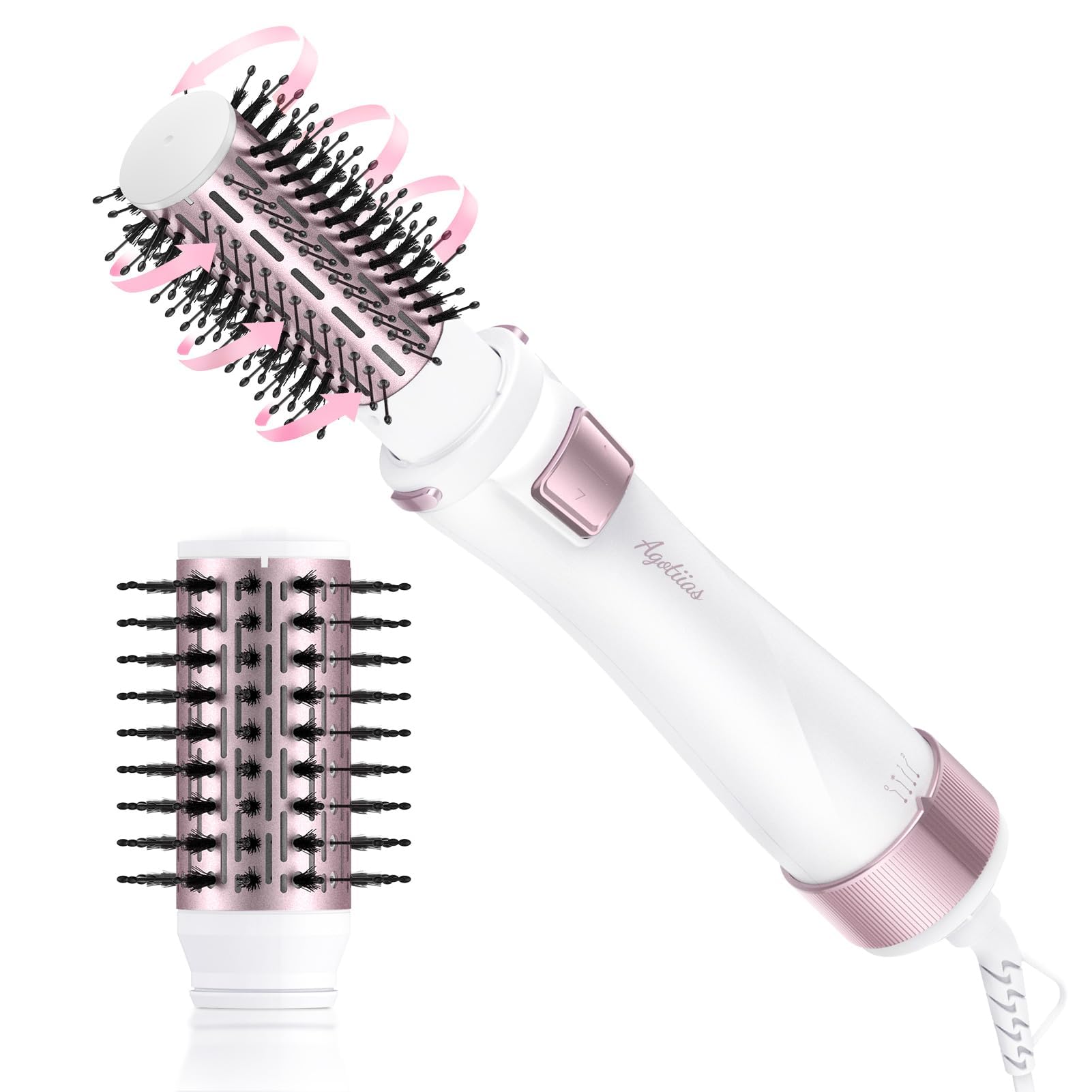 Rotating Barrel Hair Dryer Brush Spinning: 2 Size Detachable Brush(2" & 1.5") | 3 Heats & 2 Speeds Plus a Cool Air Setting | Big Buttons Design for Arthritis