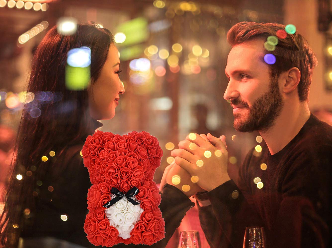 Orso di Rose, Orsacchiotto Composto da Rosa Artificiali con Luce Led, Creativo Floreale Regalo, San Valentino Comprese Scatole Trasparenti Biglietti di Auguri