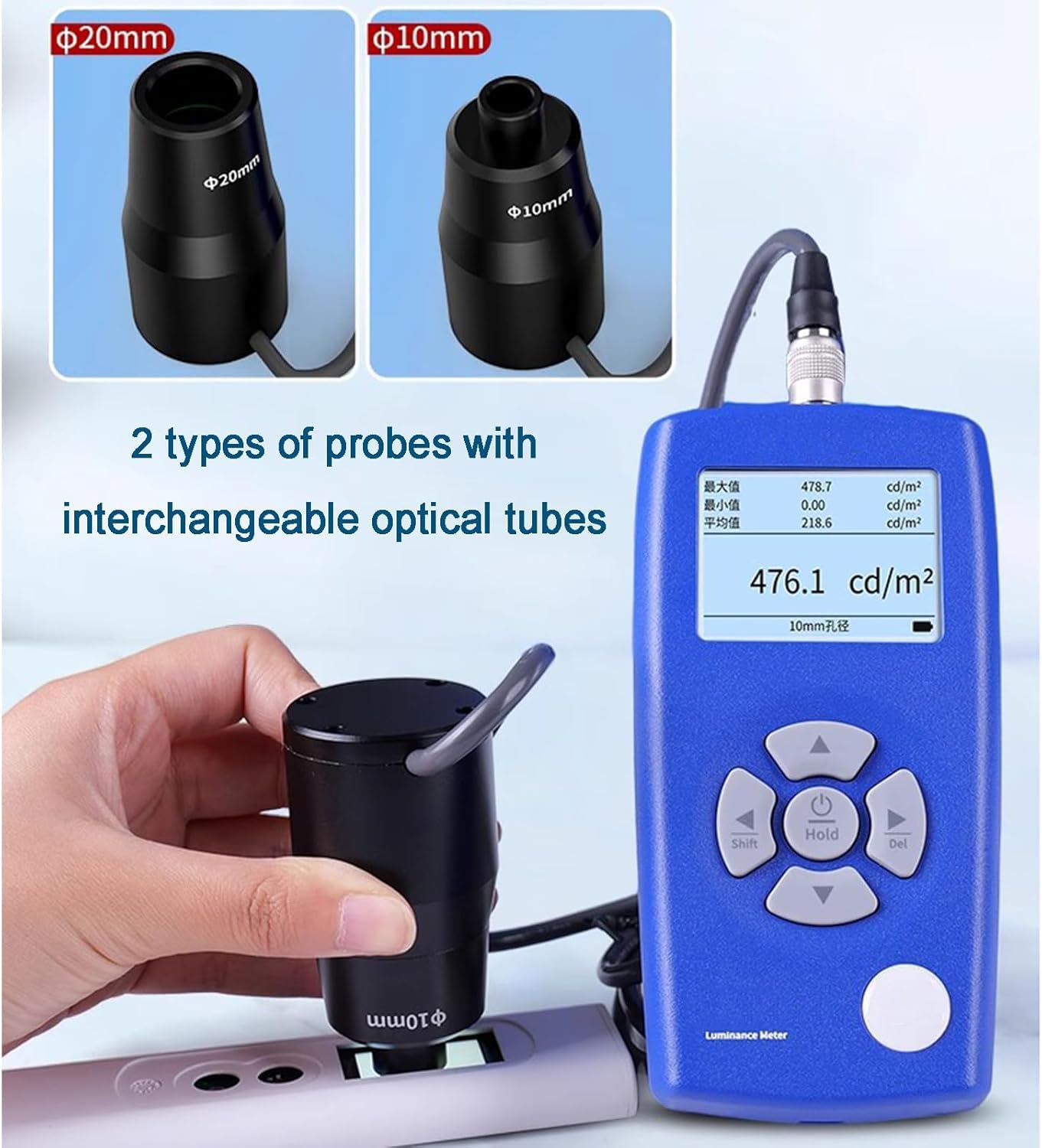 Medidor De Luminancia Digital Multifunción, Comprobador De Brillo De 1 A 1.000.000 Cd/m² Con Sondas Detectoras De 10 Mm/20 Mm, Mide Cri, Temperatura De Color Y Parpadeo Para Calibración De
