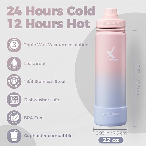 Miniatura 2 de Lexlion Botella de agua con infusor de té de 22 onzas  Acero inoxidable aislado de triple pared, colador de hojas y frutas sueltas, 3 tapas a prueba