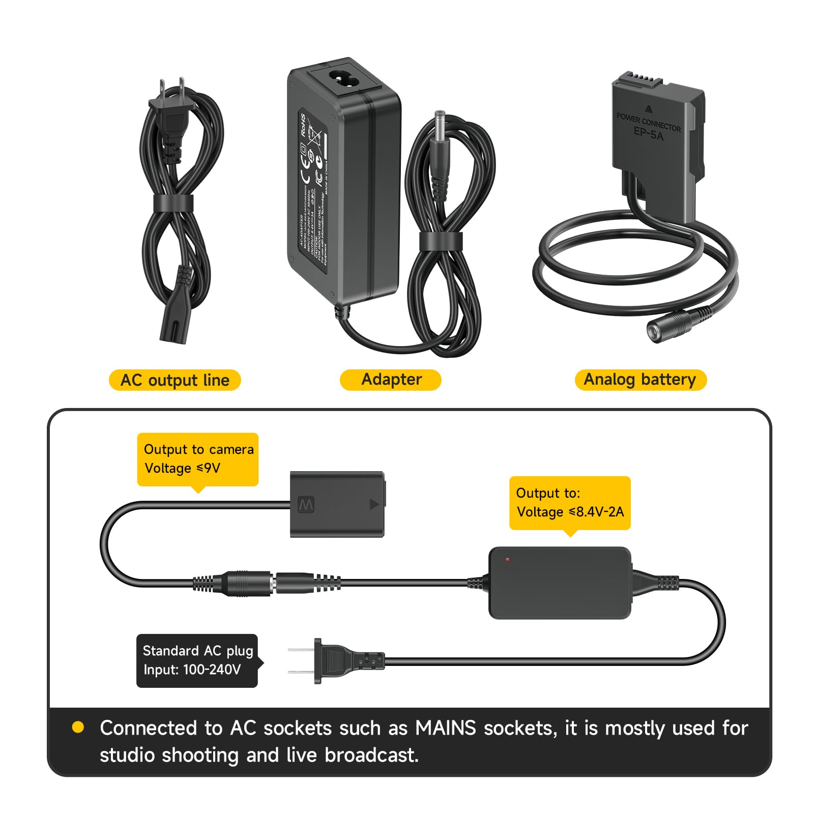 ENEL14 Dummy Akku Kit, AC-Netzteiladapter mit Akkuanschluss für D3100 D3300 D3400 D3500 D5200 D5300 D5500 D5600 DF Cameras
