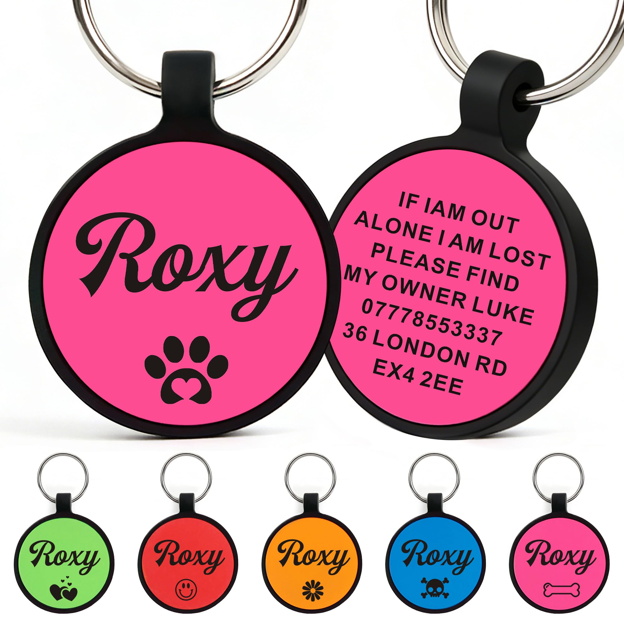 Dog Tags for Pets Engraved UK Personalised Dog Tag Dog Name Tag ID Tags Custom Dog Tags for Dogs Cats Puppy Kitty Silicone Personalised Dog Tag 2 Shapes & 5 Colours(Pink Round) — image 1