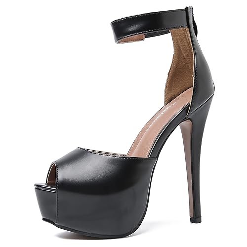 Enelauge Women's Sexy Ankle Straps Peep Toe Buckle Platform Stiletto Wedding Party High Heels Sandals - 8 - Matte Black