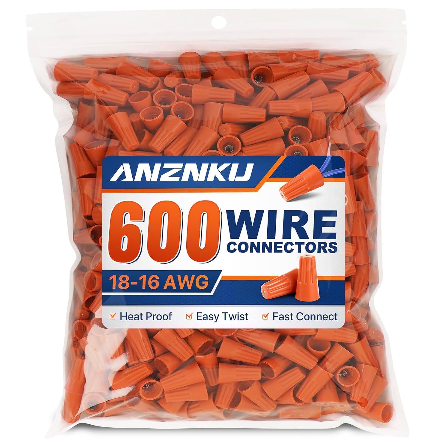 ANZNKU 600 PCS Orange Wire Connectors Nuts, AWG 18-16 Wire Caps Electrical, Insulating Insert Nuts Twister Terminal Electric Wires Connectors Caps for Home Wiring & DIY Projects Uses