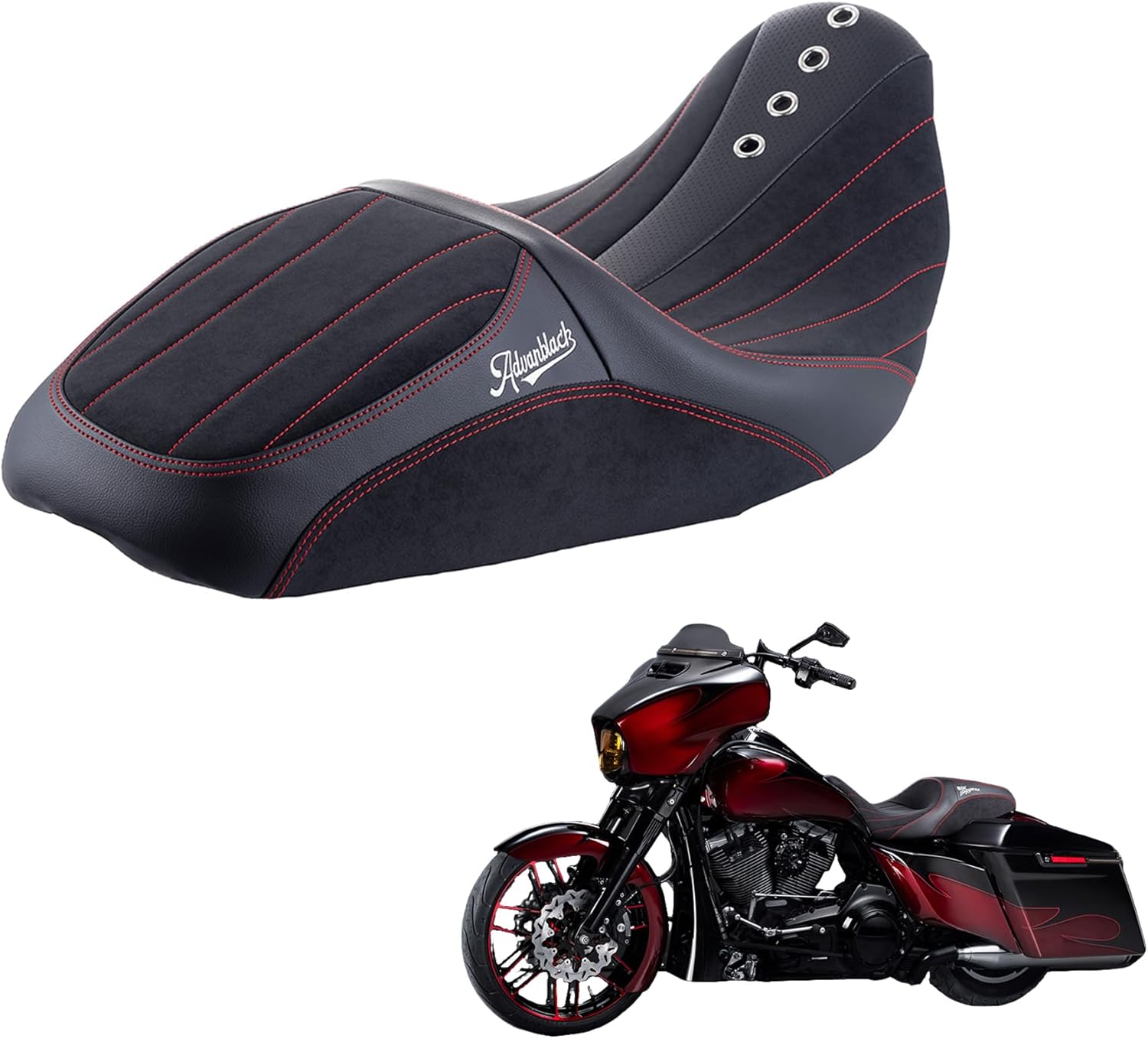 AdvanBlack x "SIK Baggers" Co-Branded Seat Custom Stitching Seat Sy-nthetic Suede For '09-'23 Harley Touring Road King Street Glide Electra Glide Road Glide (Red Stitching)