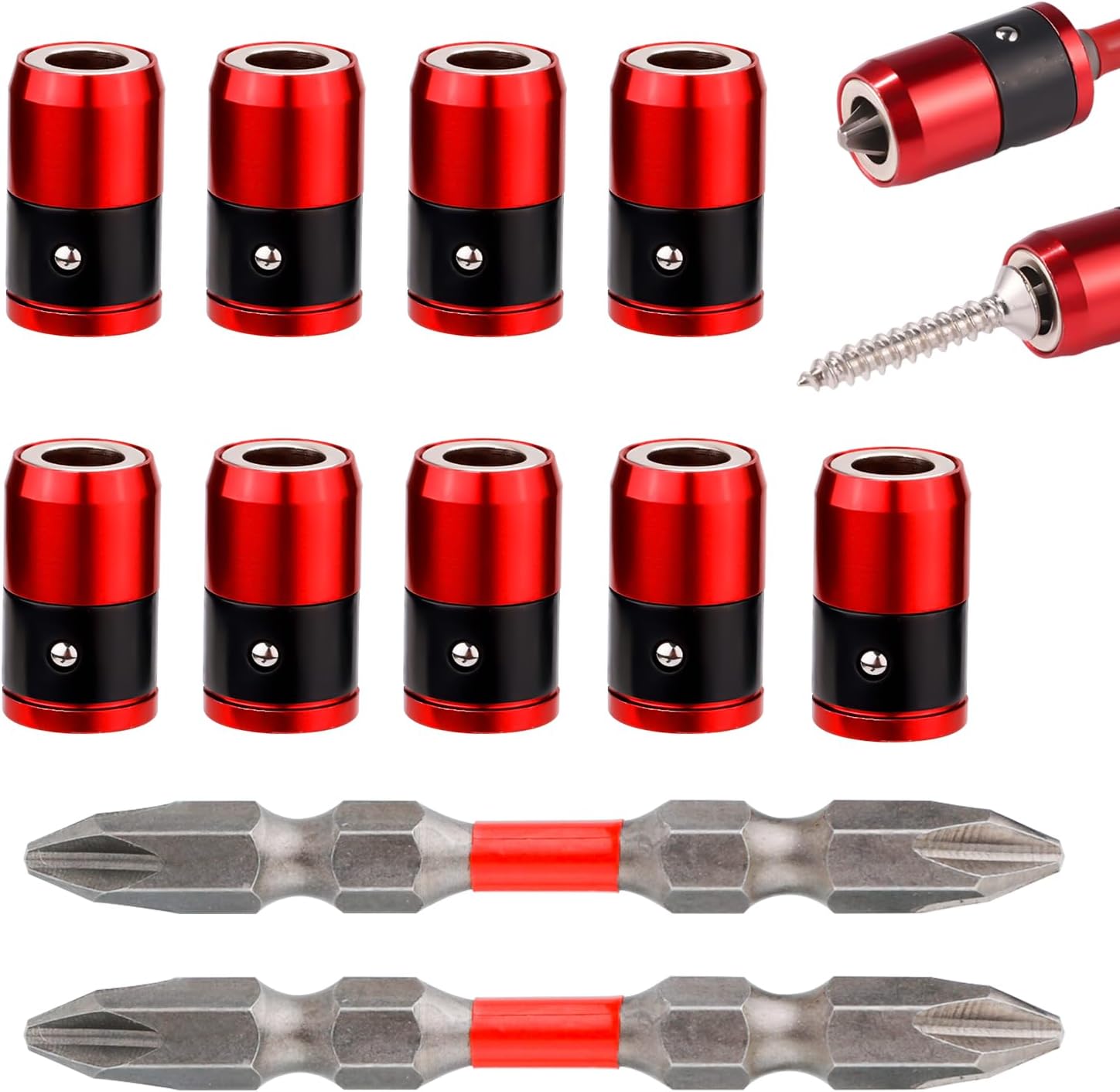 9pcs Magnetic Screw Ring Holders, Magnetic Bit Holder with 2 Ph2 Screwdriver Bits Magnetizer Detachable Screwdriver Head Magnetic Ring for 1/4in Hex Screwdriver & Power Bits