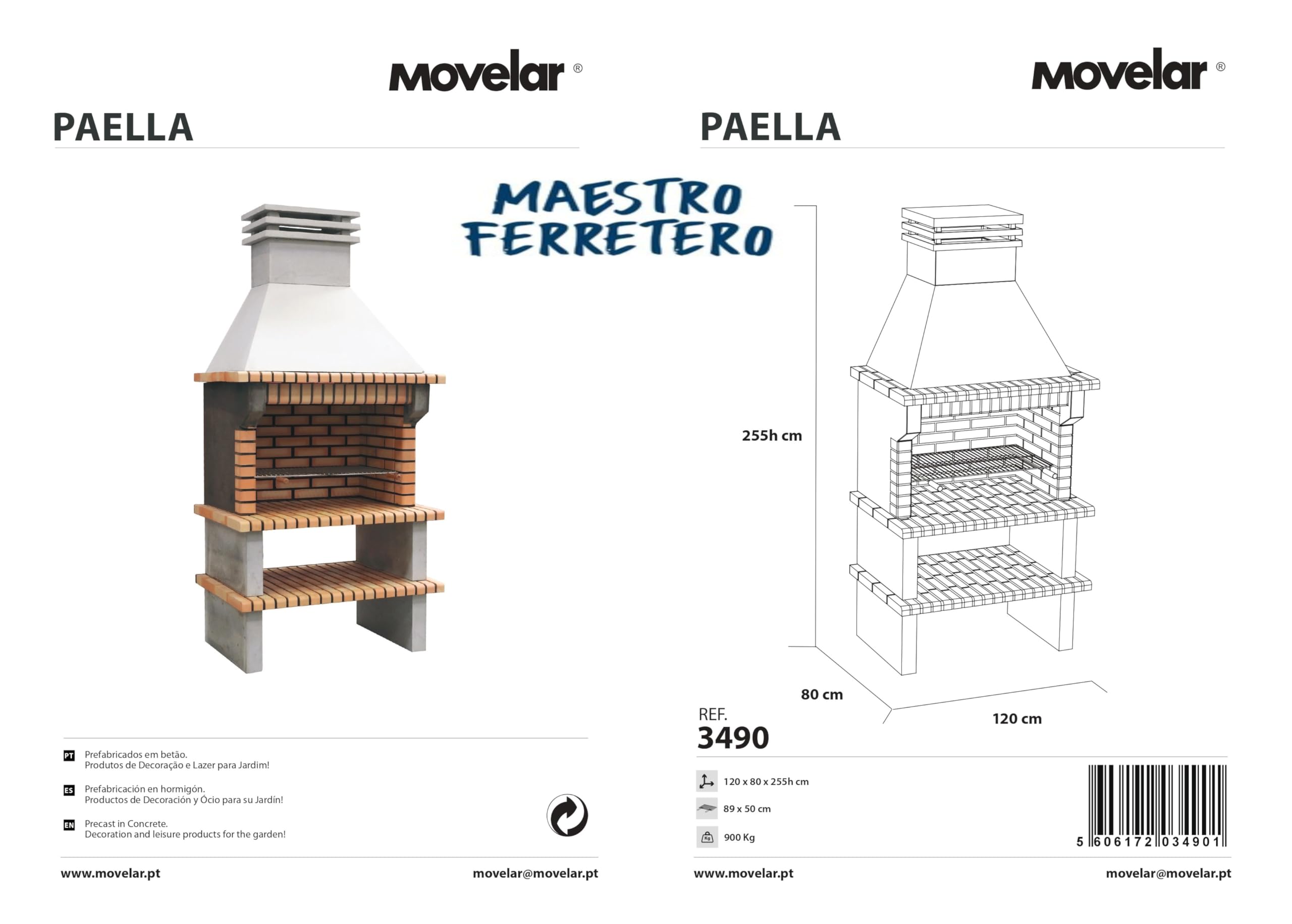 MAESTRO FERRETERO MOVELAR - Barbacoa de Obra Prefabricada de Leña y Carbón Modelo Paella (Gris, Naranja - 120 x 80 x 255 cm) Ref: 3490 - Cocina de Exterior para Jardín o Patio