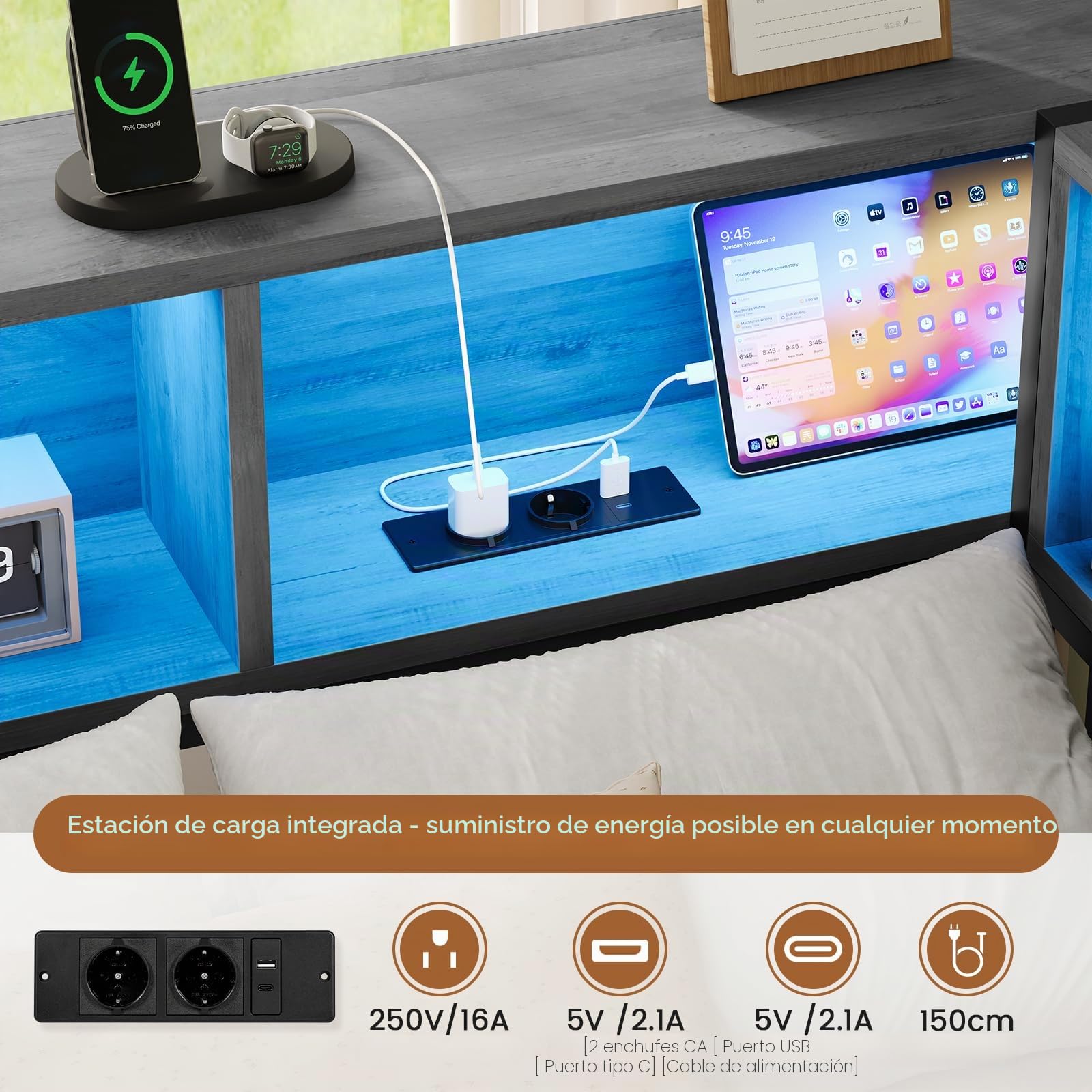 DICTAC Cama juvenil 90x200 con iluminación LED y estación de carga, cama 90 x 200 con espacio de almacenamiento - 5 compartimentos y 2 cajones, cama de día individual 90x200 con somier de metal, cama