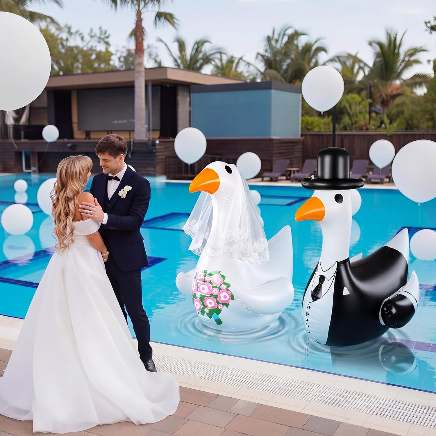 Gemscream 2 Pcs 4 ft Wedding Goose Floatie Inflatable Pool Floats Large Bride Groom Rubber Goose for Wedding Bridal Bachelorette Party Decoration Engagement Gifts (Not Include Air Pump) image 4